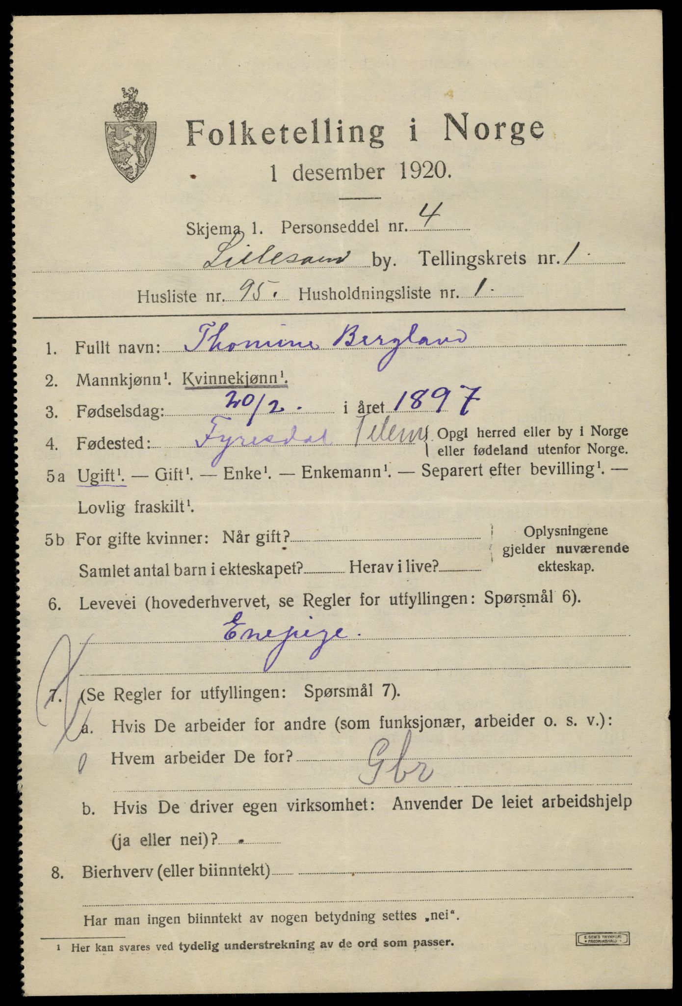 SAK, 1920 census for Lillesand, 1920, p. 2321