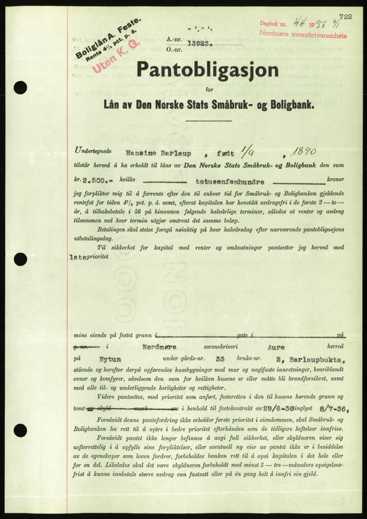 Nordmøre sorenskriveri, AV/SAT-A-4132/1/2/2Ca/L0090: Mortgage book no. B80, 1936-1937, Diary no: : 44/1937