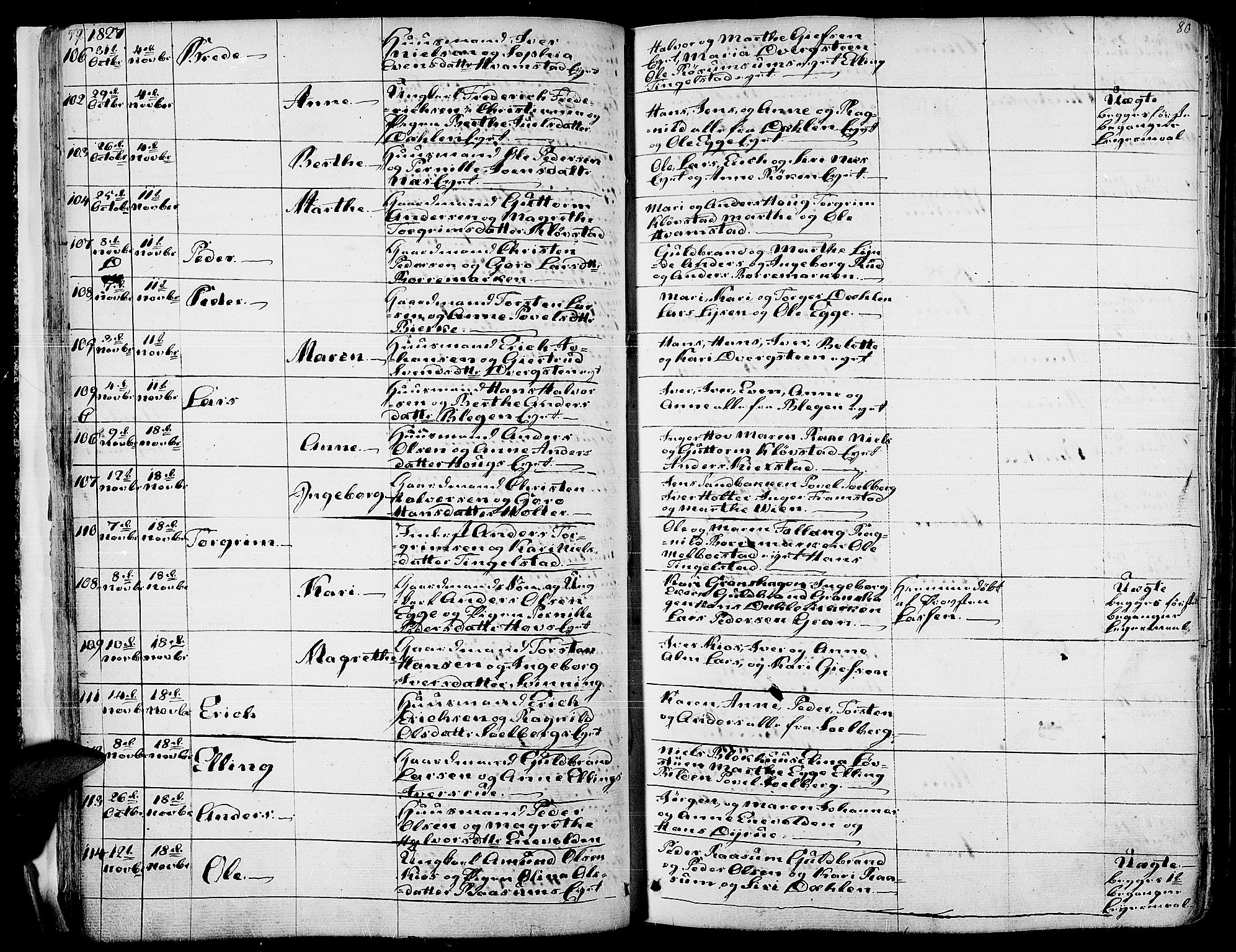 Gran prestekontor, AV/SAH-PREST-112/H/Ha/Haa/L0010: Parish register (official) no. 10, 1824-1842, p. 79-80