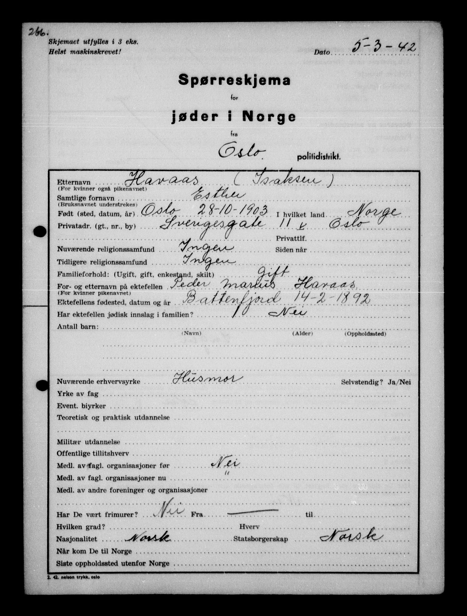 Statspolitiet - Hovedkontoret / Osloavdelingen, AV/RA-S-1329/G/Ga/L0010: Spørreskjema for jøder i Norge, Oslo Hansen-Pintzow, 1942, p. 12