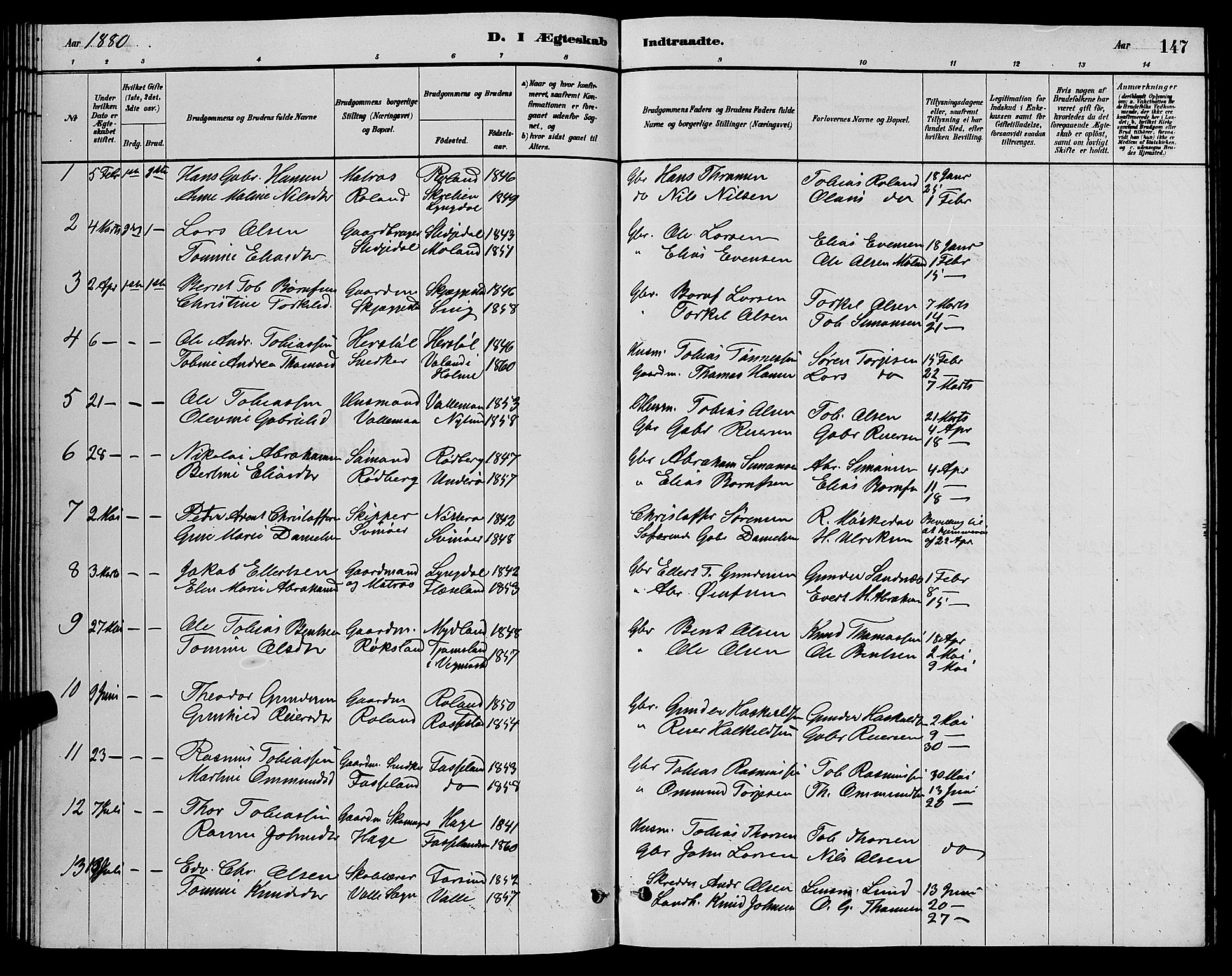 Sør-Audnedal sokneprestkontor, AV/SAK-1111-0039/F/Fb/Fbb/L0005: Parish register (copy) no. B 5, 1880-1892, p. 147