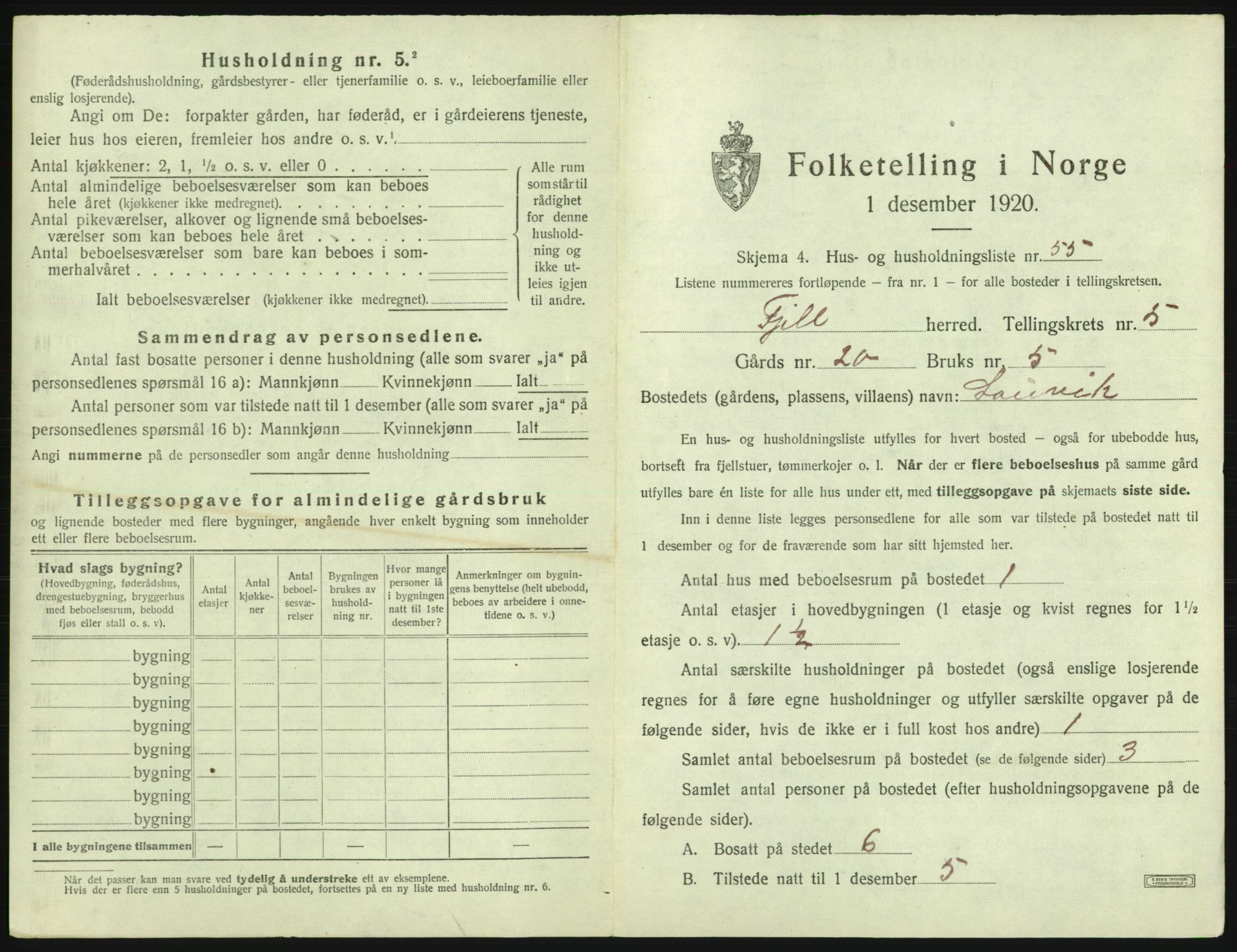 SAB, 1920 census for Fjell, 1920, p. 611