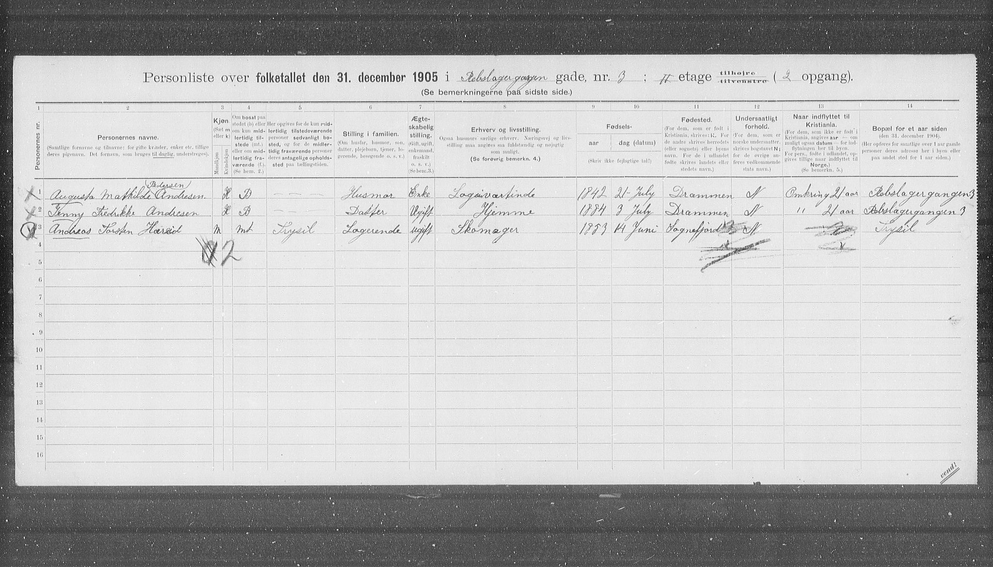 OBA, Municipal Census 1905 for Kristiania, 1905, p. 43327