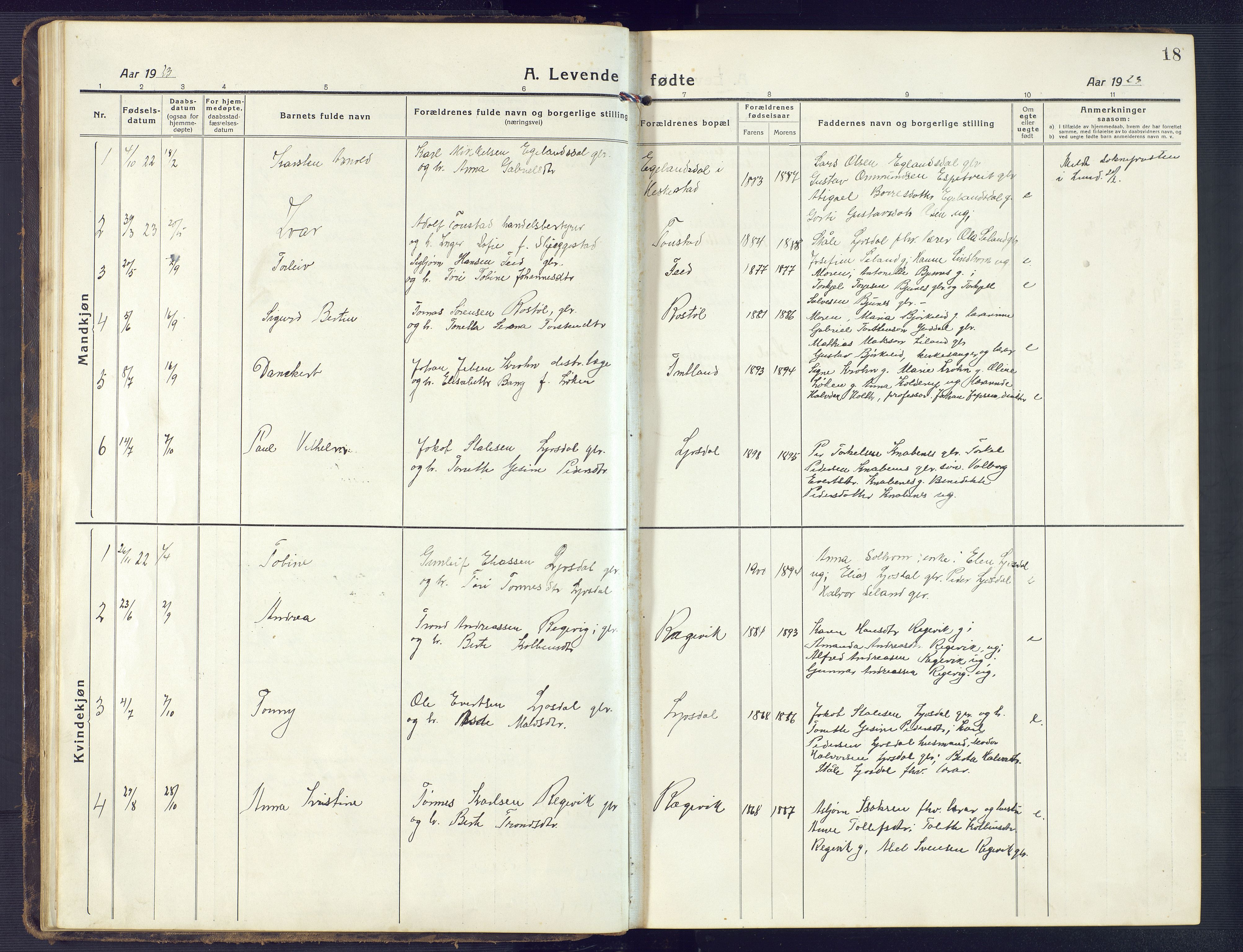 Sirdal sokneprestkontor, SAK/1111-0036/F/Fb/Fbb/L0005: Parish register (copy) no. B 5, 1916-1960, p. 18