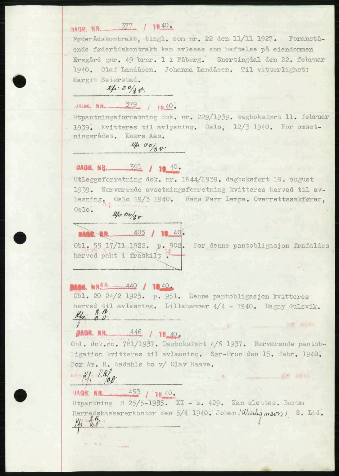 Sør-Gudbrandsdal tingrett, SAH/TING-004/H/Hb/Hbf/L0002: Mortgage book no. C1, 1938-1951, Diary no: : 377/1940