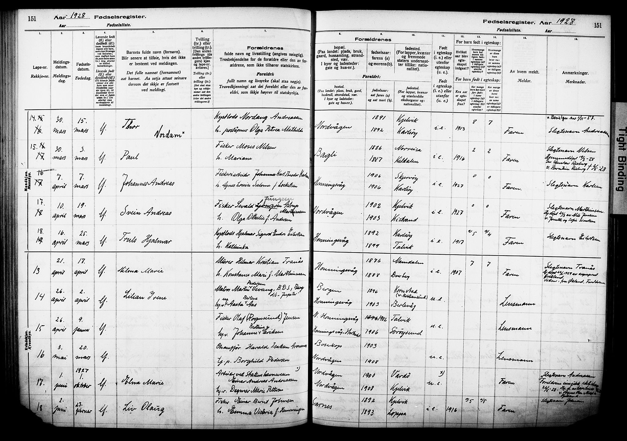 Kjelvik/Nordkapp sokneprestkontor, AV/SATØ-S-1350/I/Ia/L0015: Birth register no. 15, 1916-1930, p. 151