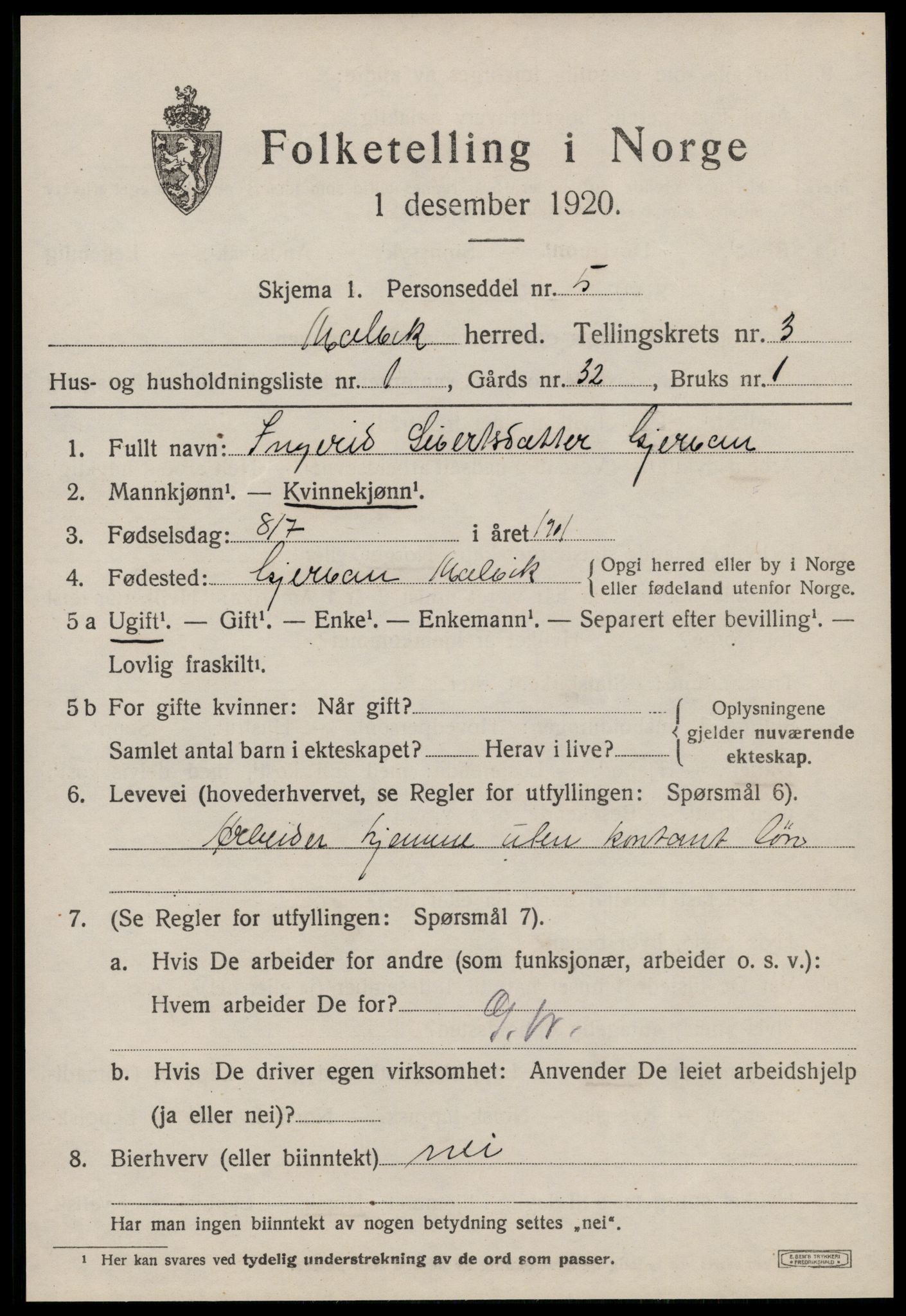 SAT, 1920 census for Malvik, 1920, p. 2280