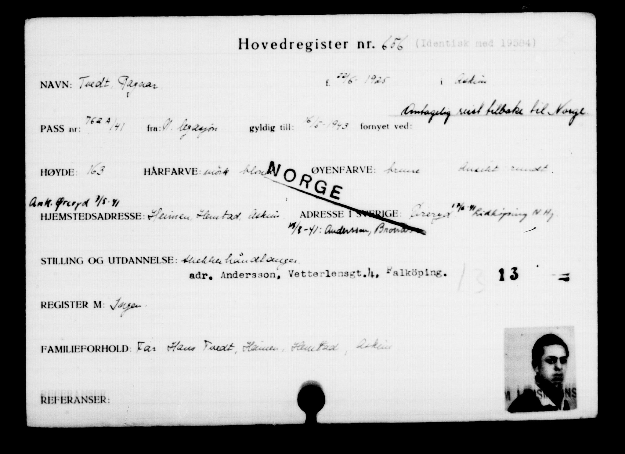 Utenriksstasjonene, Legasjonen i Stockholm, Flyktningkontoret, AV/RA-S-6753/V/Va/L0001: Kjesäterkartoteket, flyktninger med registreringsnr. 1-1000, 1940-1945, p. 1023