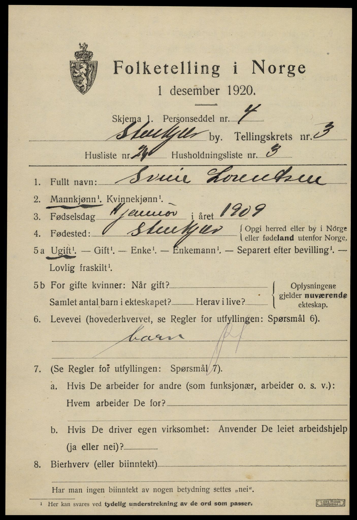 SAT, 1920 census for Steinkjer, 1920, p. 6300