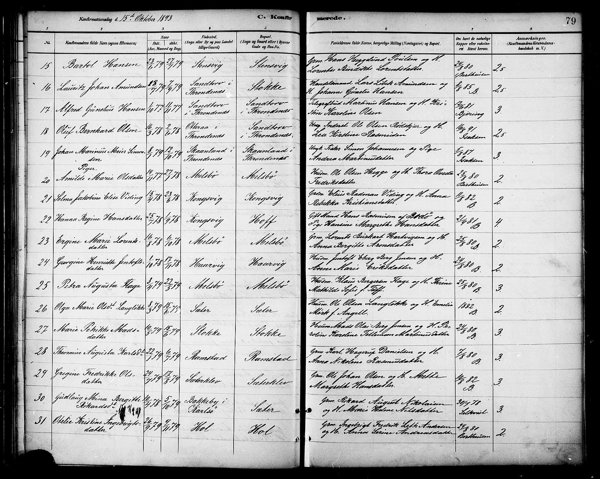 Ministerialprotokoller, klokkerbøker og fødselsregistre - Nordland, SAT/A-1459/865/L0924: Parish register (official) no. 865A02, 1885-1896, p. 79