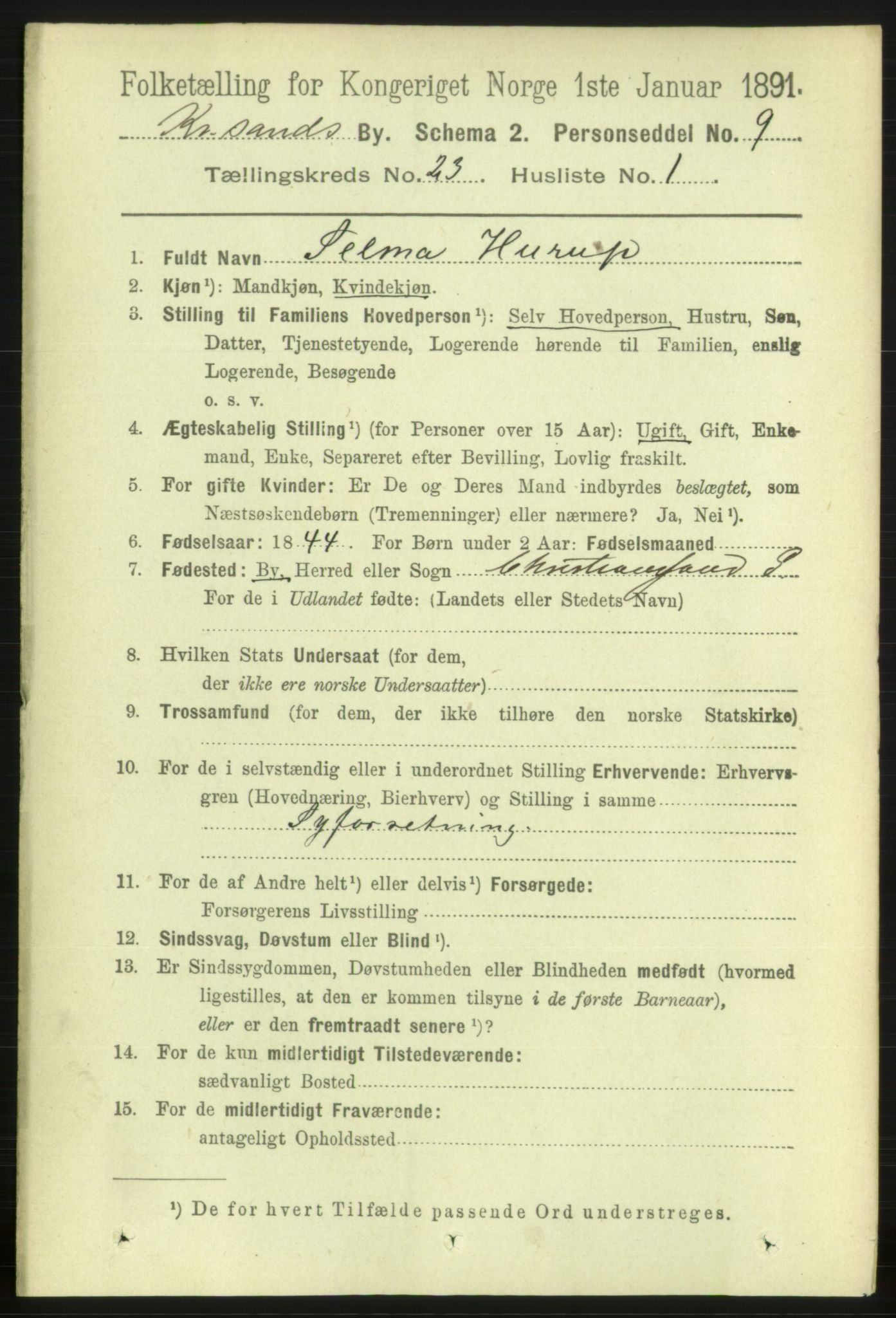 RA, 1891 census for 1001 Kristiansand, 1891, p. 8445