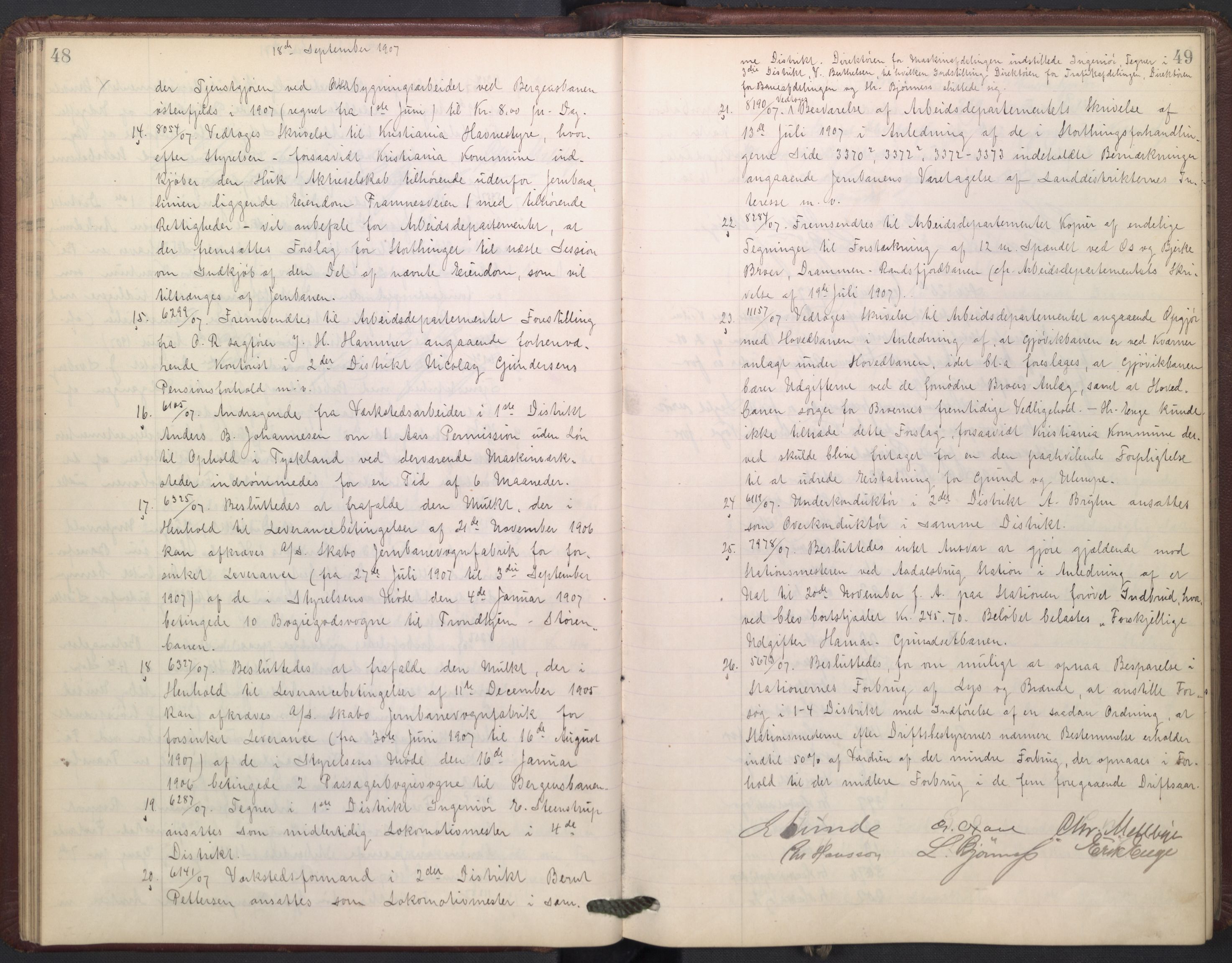 Norges statsbaner, Administrasjons- økonomi- og personalavdelingen, AV/RA-S-3412/A/Aa/L0009: Forhandlingsprotokoll, 1907-1909, p. 48-49