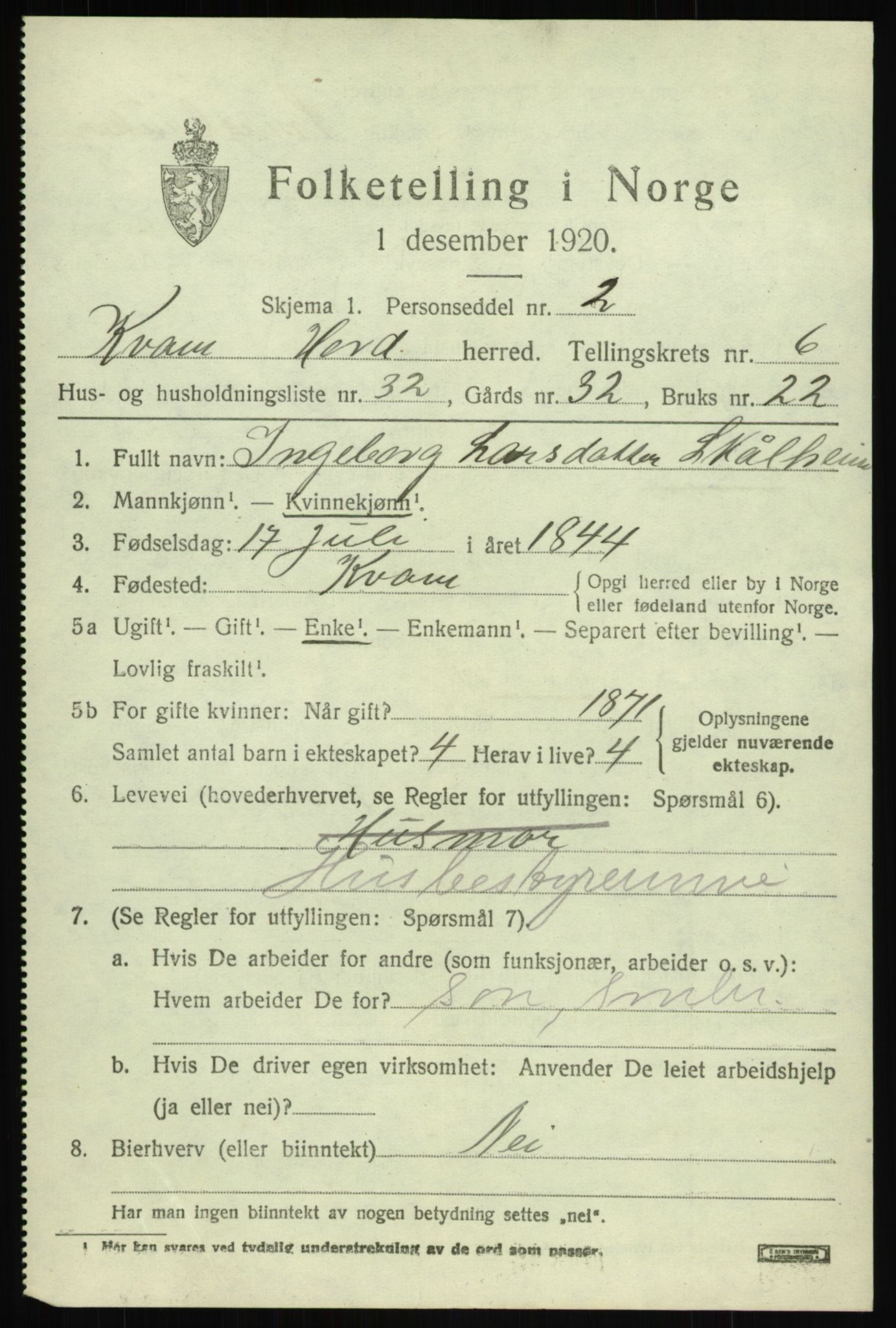 SAB, 1920 census for Kvam, 1920, p. 4729