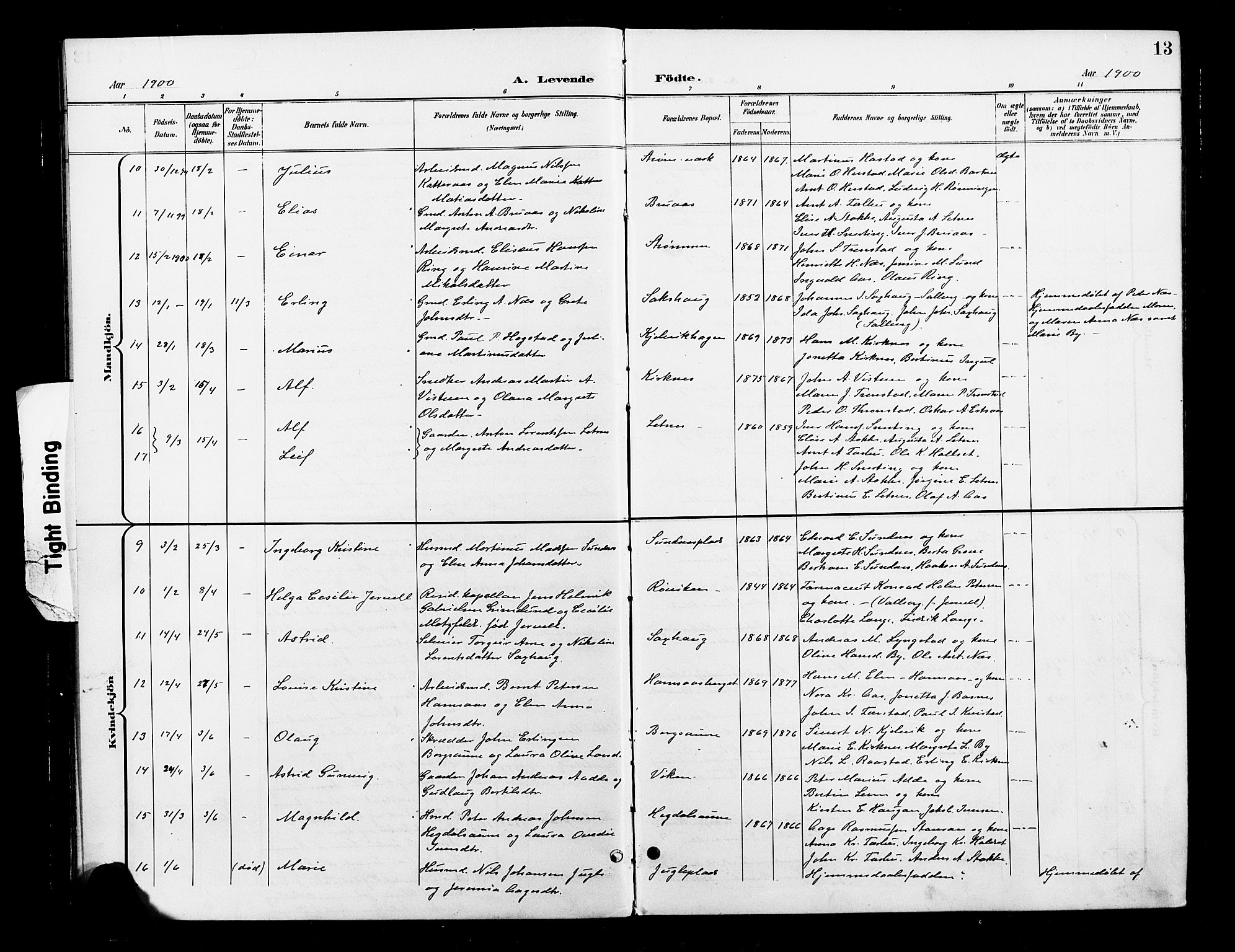 Ministerialprotokoller, klokkerbøker og fødselsregistre - Nord-Trøndelag, AV/SAT-A-1458/730/L0302: Parish register (copy) no. 730C05, 1898-1924, p. 13