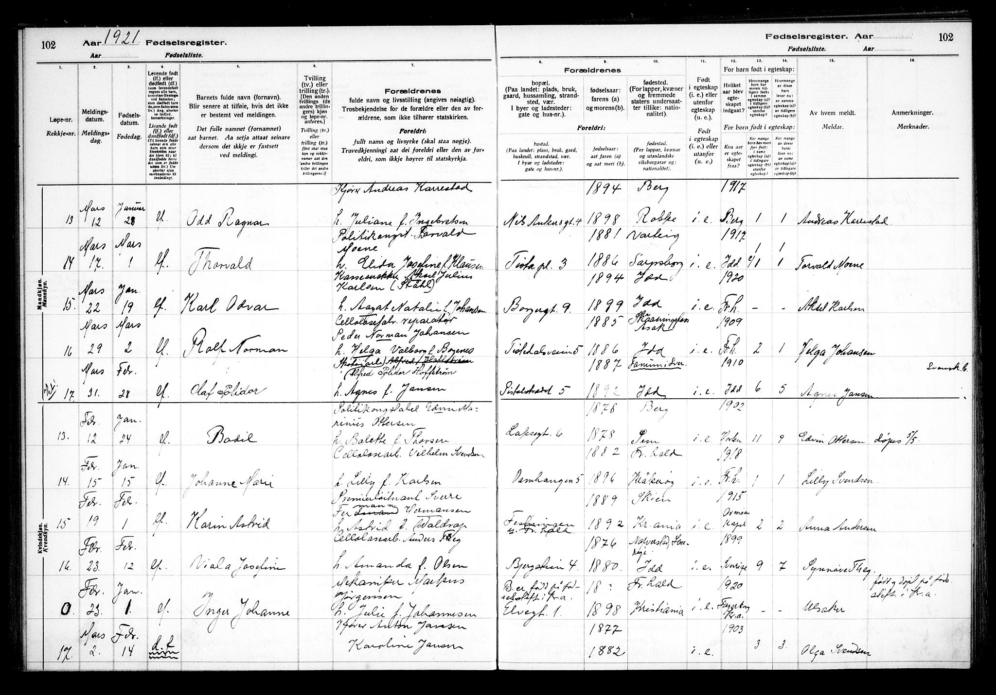 Halden prestekontor Kirkebøker, SAO/A-10909/J/Ja/L0001: Birth register no. I 1, 1916-1925, p. 102