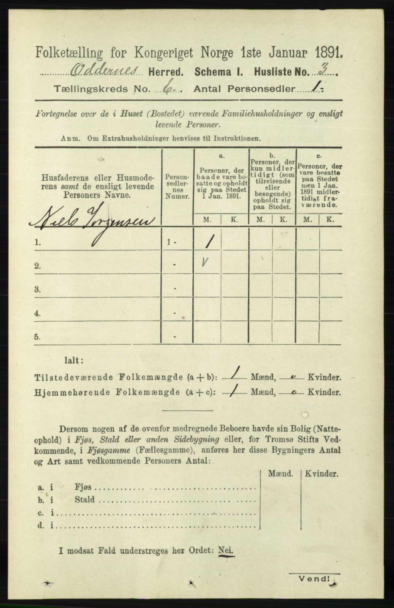 RA, 1891 census for 1012 Oddernes, 1891, p. 2152