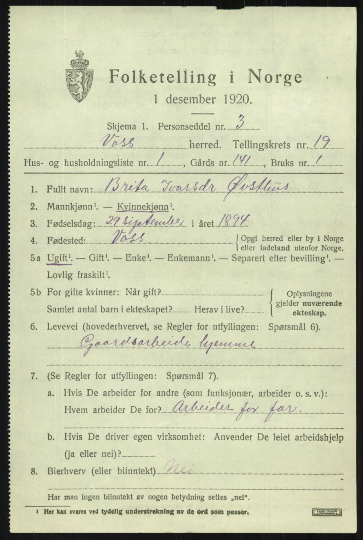 SAB, 1920 census for Voss, 1920, p. 14405