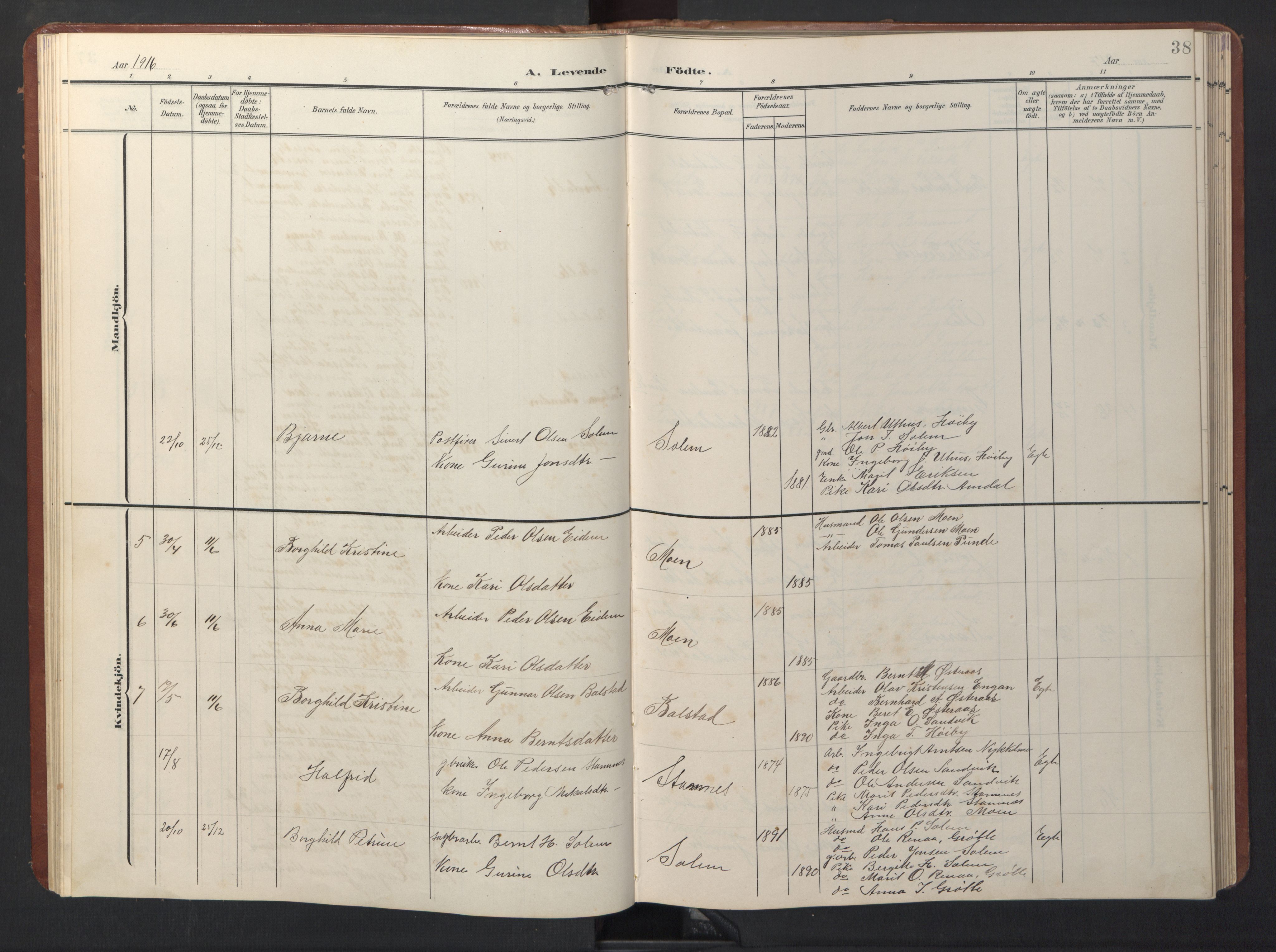 Ministerialprotokoller, klokkerbøker og fødselsregistre - Sør-Trøndelag, SAT/A-1456/696/L1161: Parish register (copy) no. 696C01, 1902-1950, p. 38
