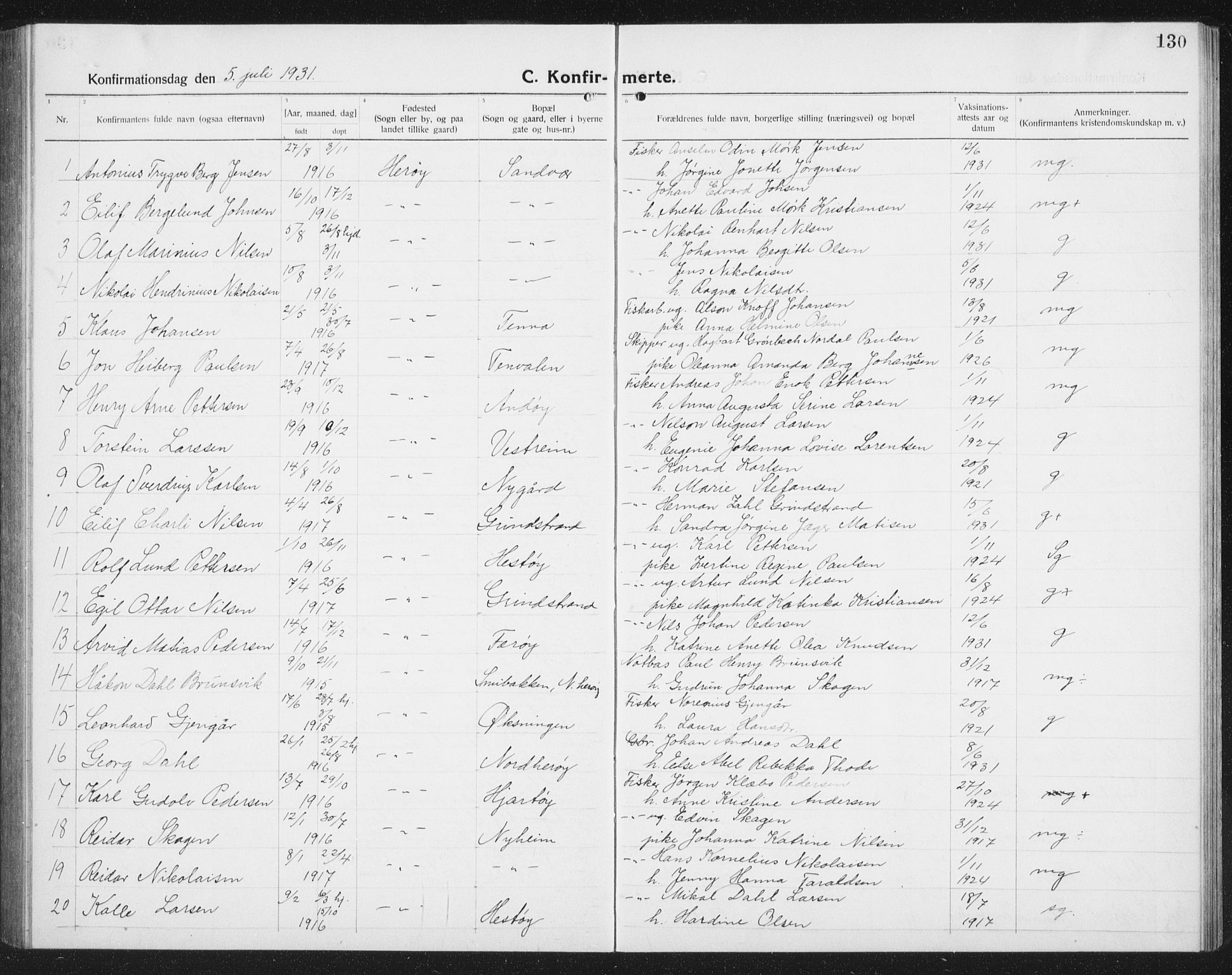 Ministerialprotokoller, klokkerbøker og fødselsregistre - Nordland, SAT/A-1459/834/L0517: Parish register (copy) no. 834C07, 1919-1939, p. 130