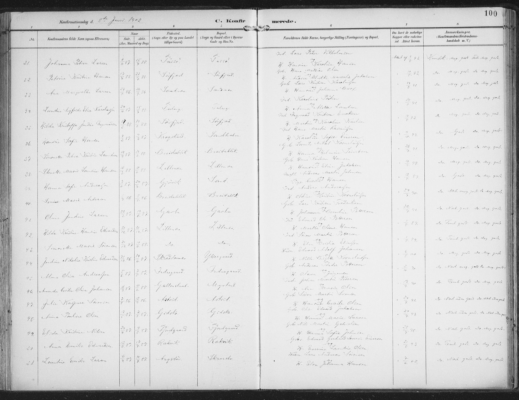 Lenvik sokneprestembete, AV/SATØ-S-1310/H/Ha/Haa/L0015kirke: Parish register (official) no. 15, 1896-1915, p. 100