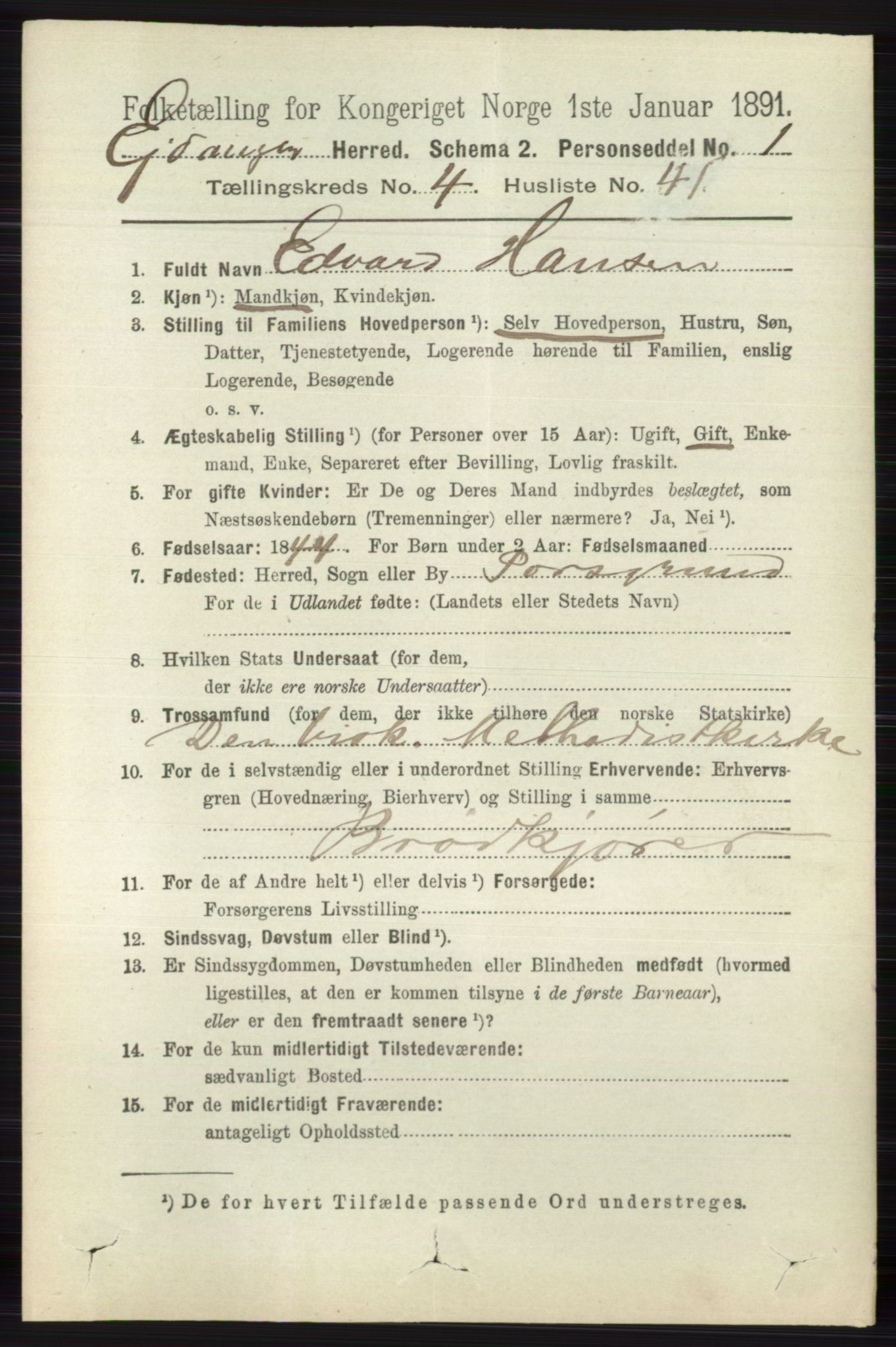 RA, 1891 census for 0813 Eidanger, 1891, p. 2221