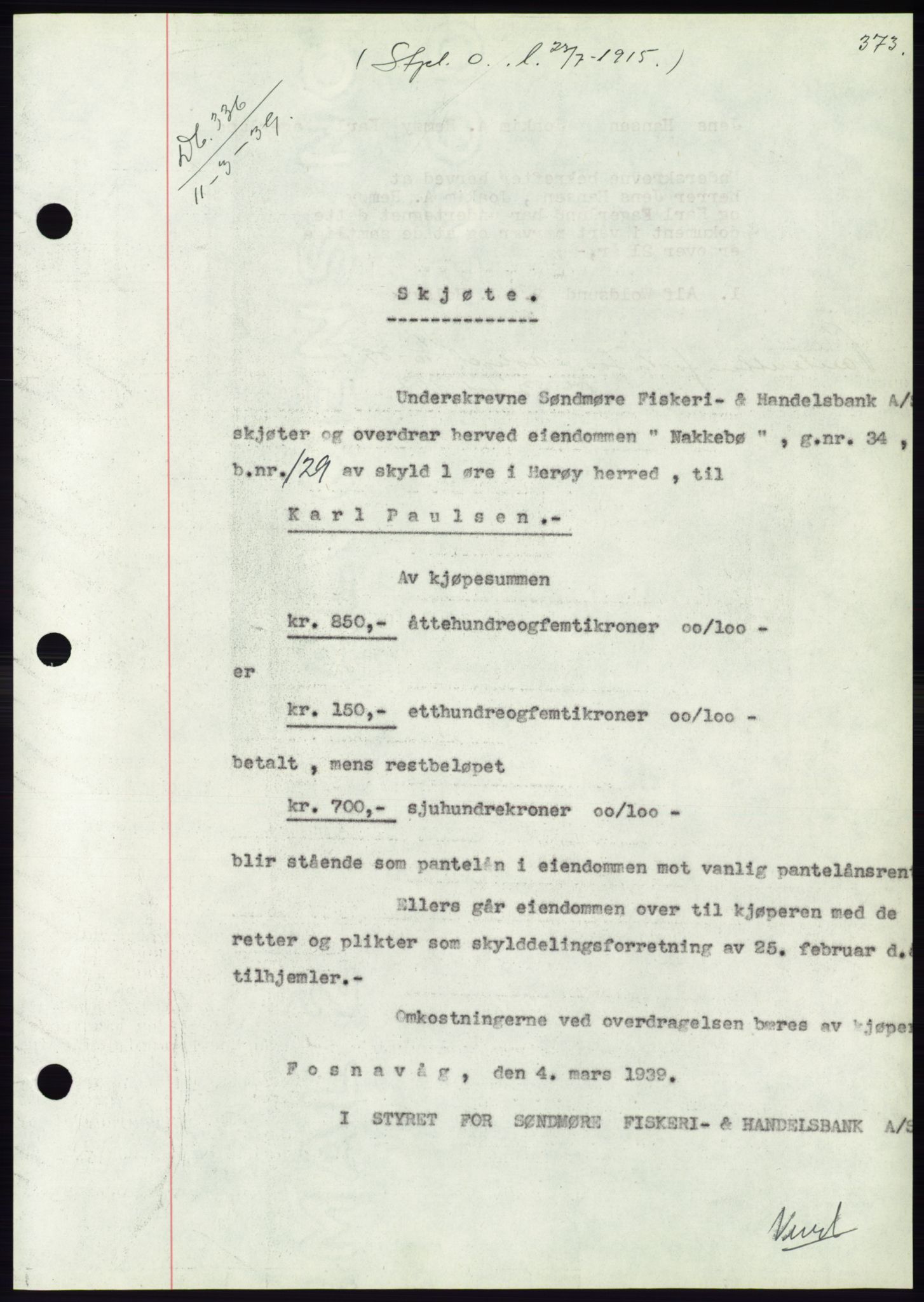 Søre Sunnmøre sorenskriveri, AV/SAT-A-4122/1/2/2C/L0067: Mortgage book no. 61, 1938-1939, Diary no: : 336/1939