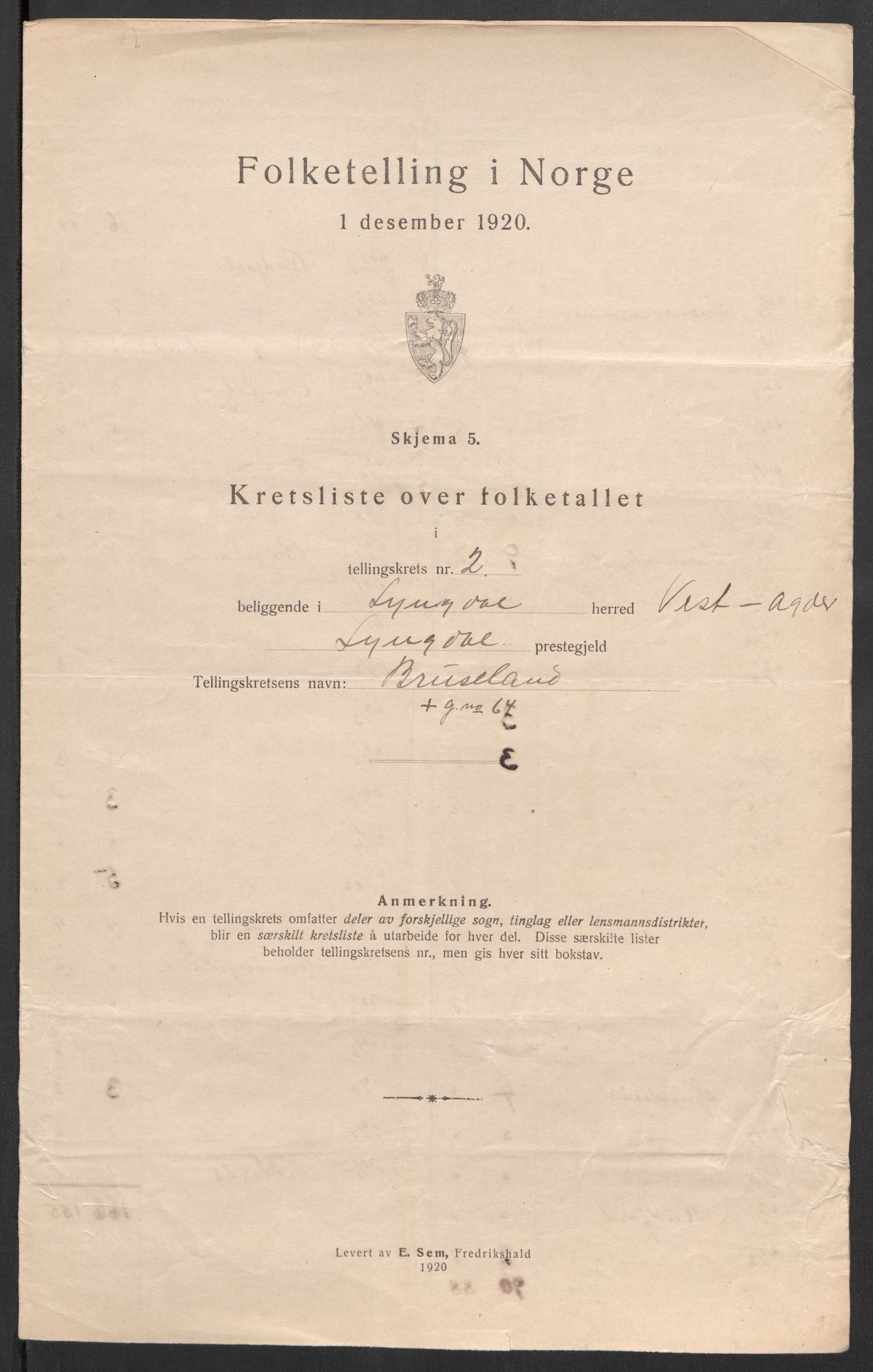 SAK, 1920 census for Lyngdal, 1920, p. 9