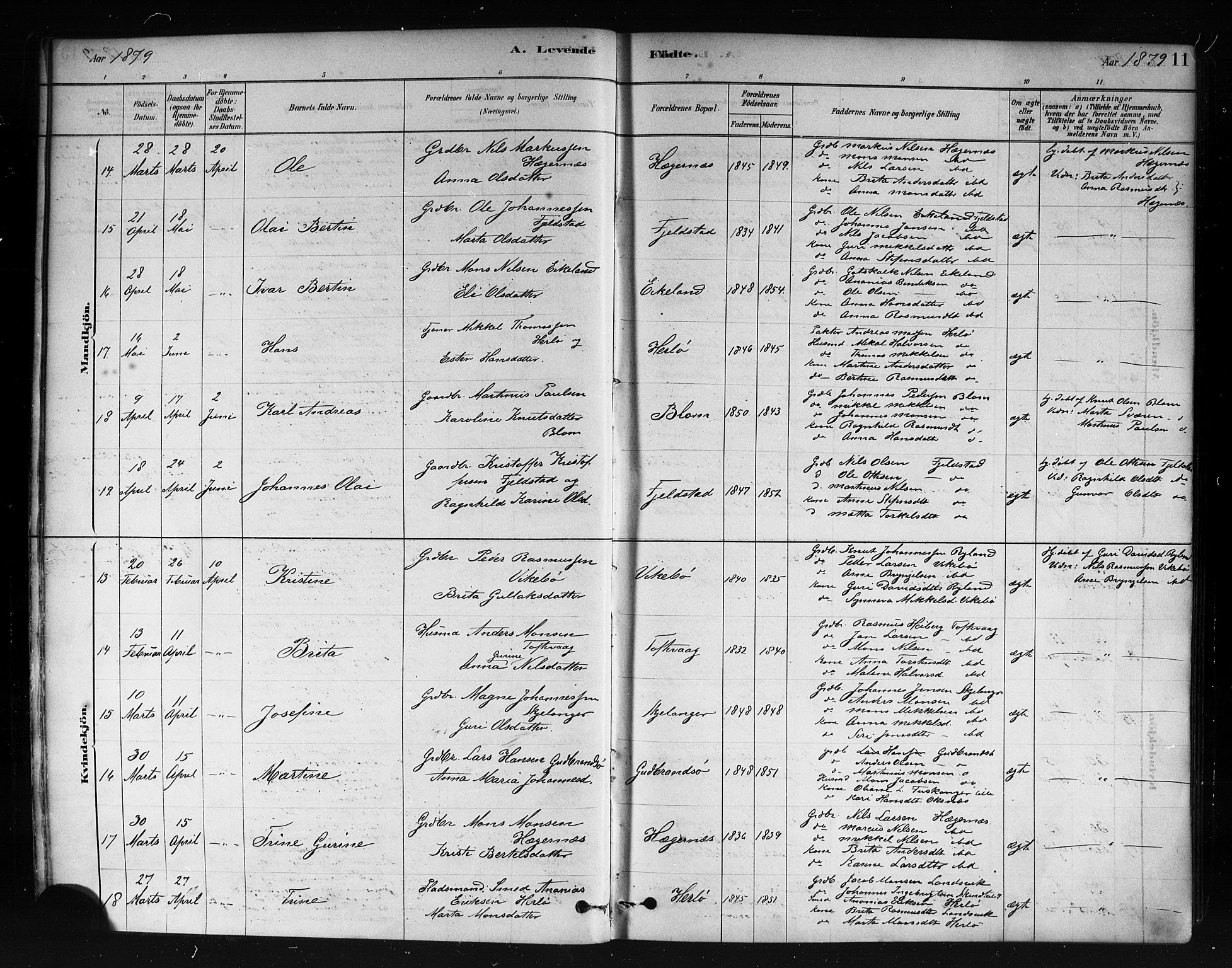 Herdla Sokneprestembete, AV/SAB-A-75701/H/Haa: Parish register (official) no. A 3, 1878-1890, p. 11