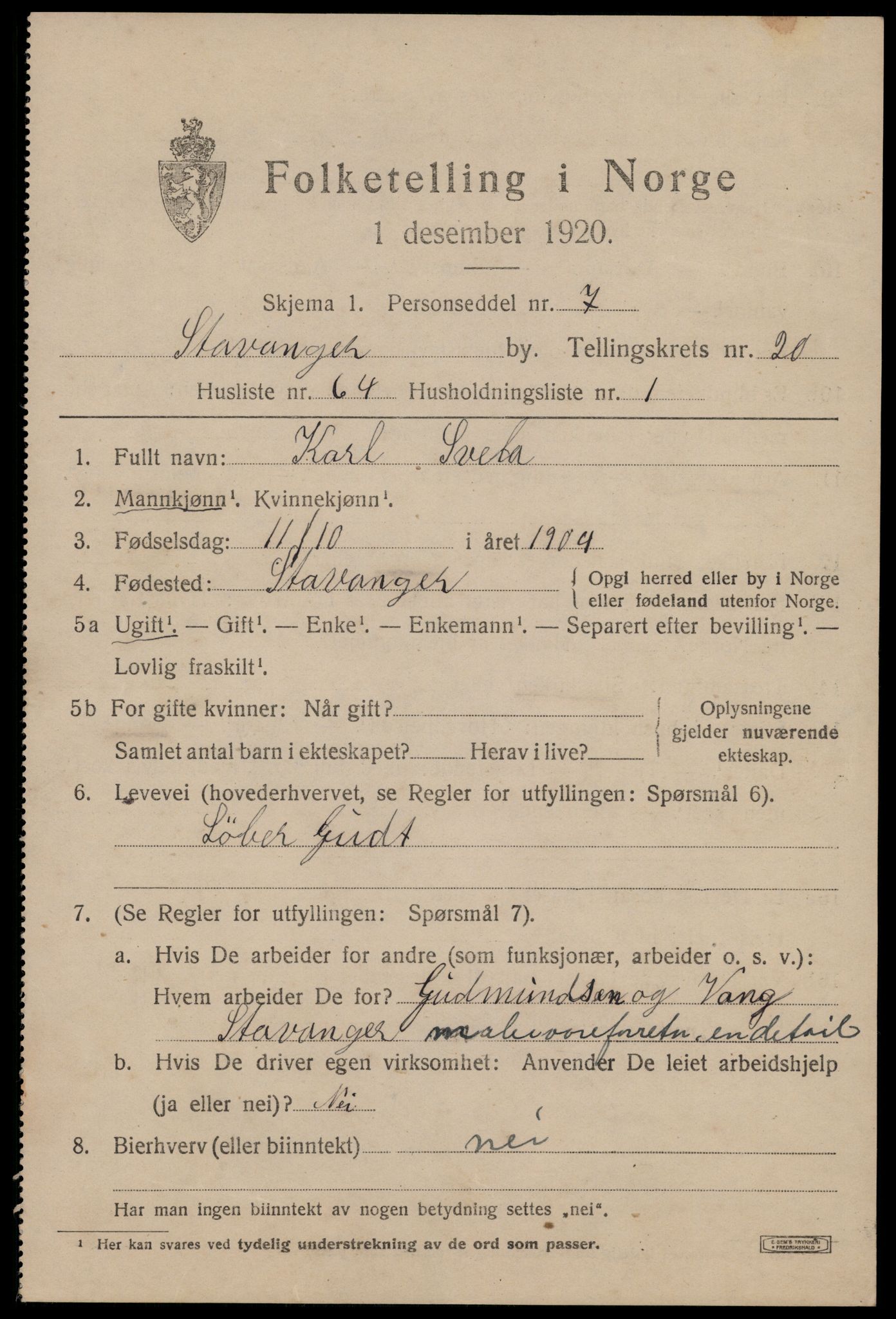 SAST, 1920 census for Stavanger, 1920, p. 70844