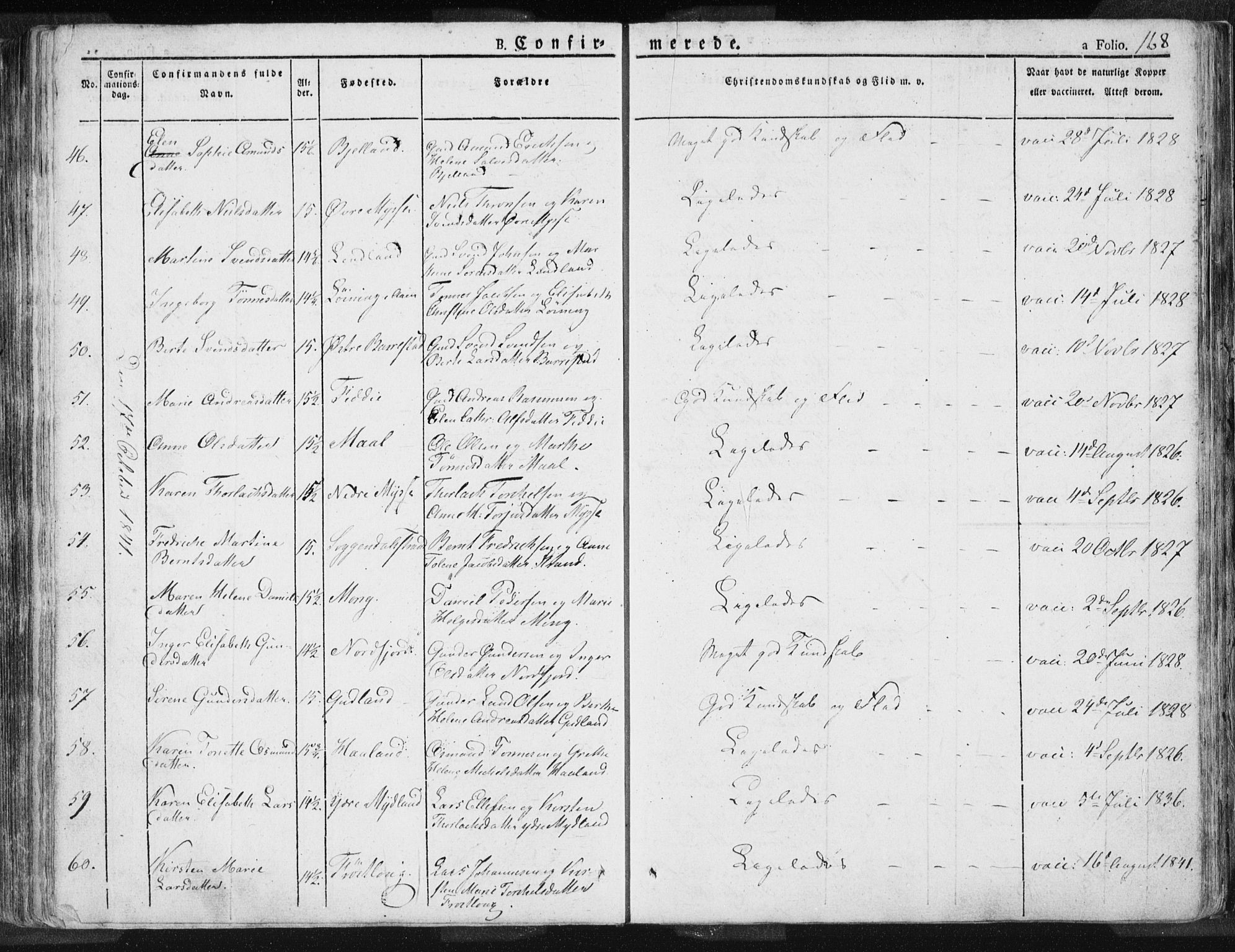 Sokndal sokneprestkontor, AV/SAST-A-101808: Parish register (official) no. A 7.1, 1826-1842, p. 168