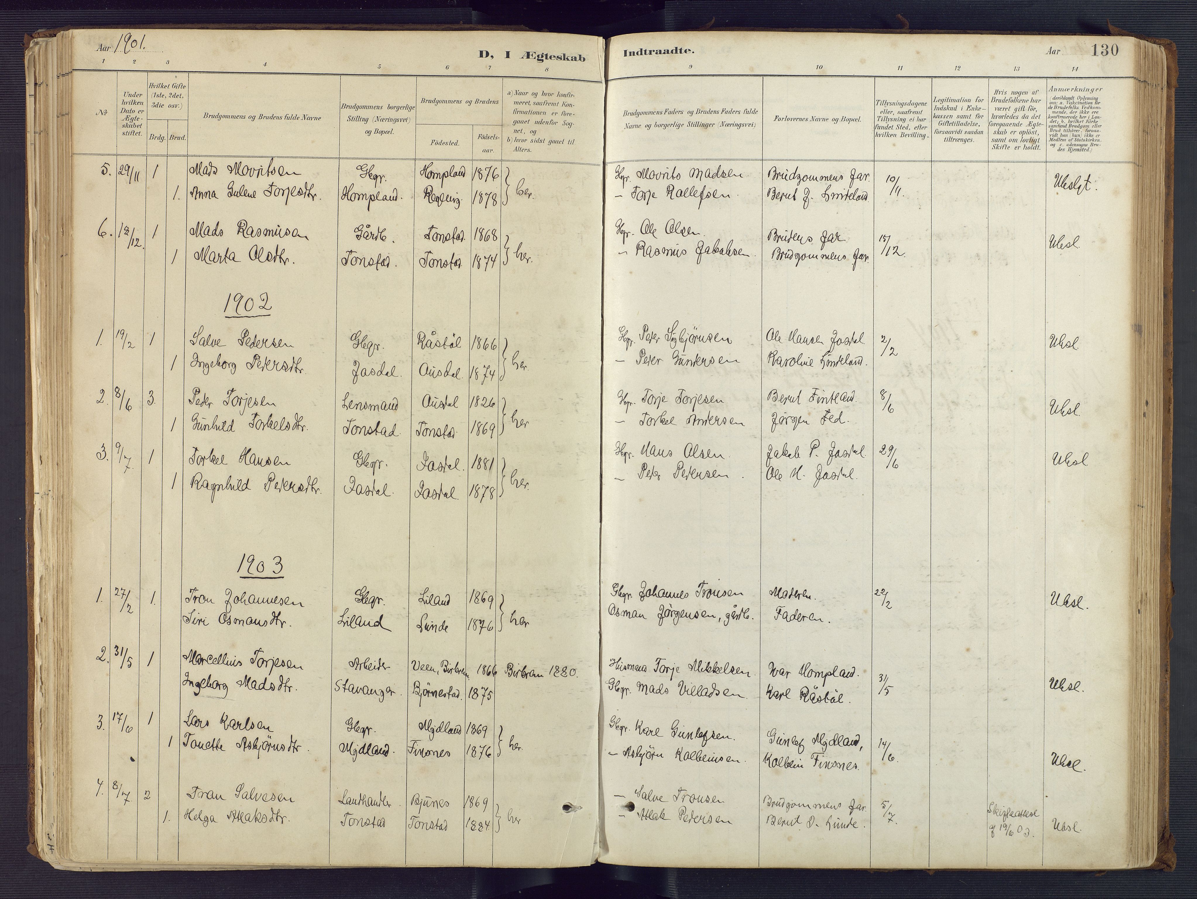 Sirdal sokneprestkontor, AV/SAK-1111-0036/F/Fa/Fab/L0004: Parish register (official) no. A 4, 1887-1919, p. 130