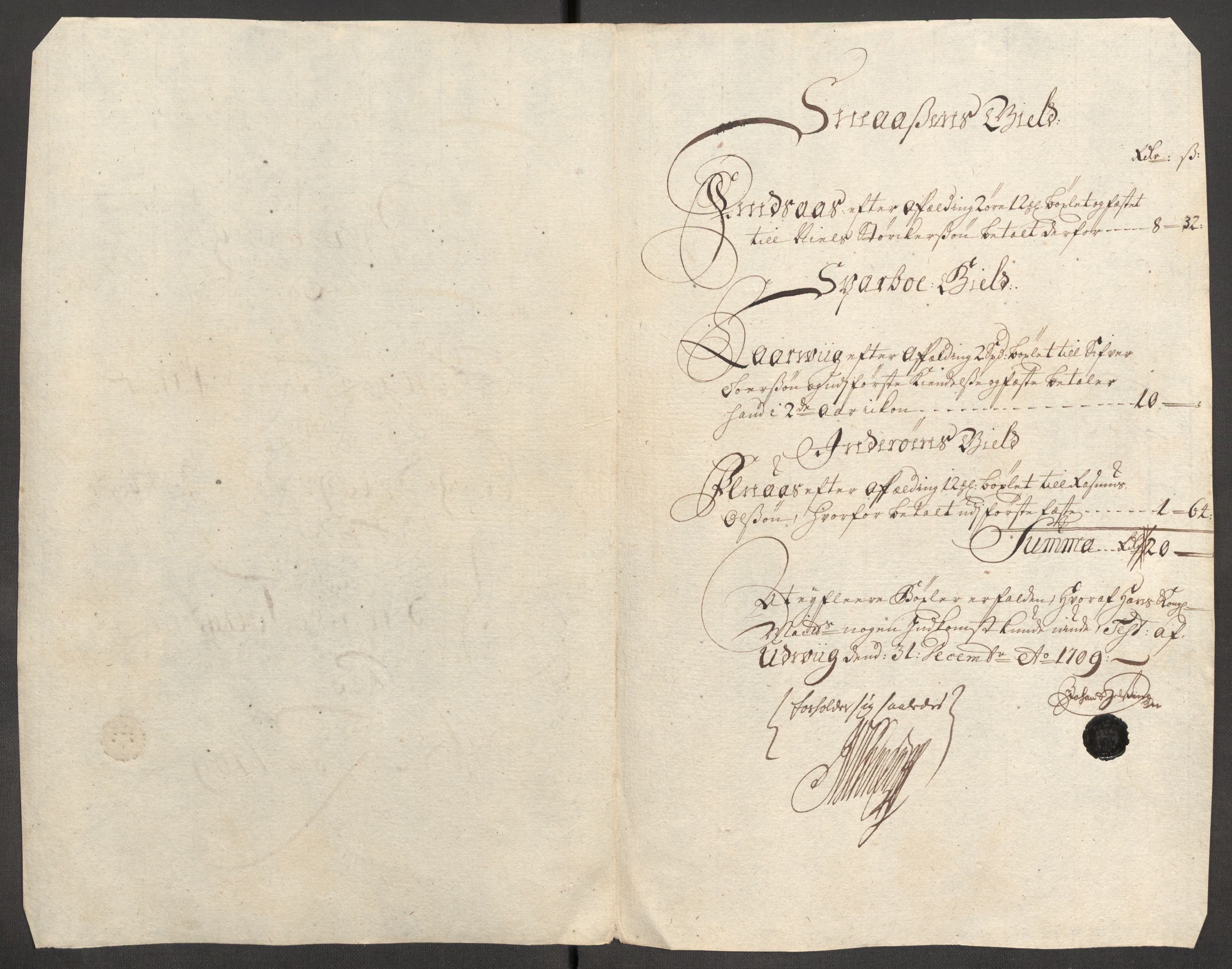 Rentekammeret inntil 1814, Reviderte regnskaper, Fogderegnskap, AV/RA-EA-4092/R63/L4317: Fogderegnskap Inderøy, 1709, p. 185