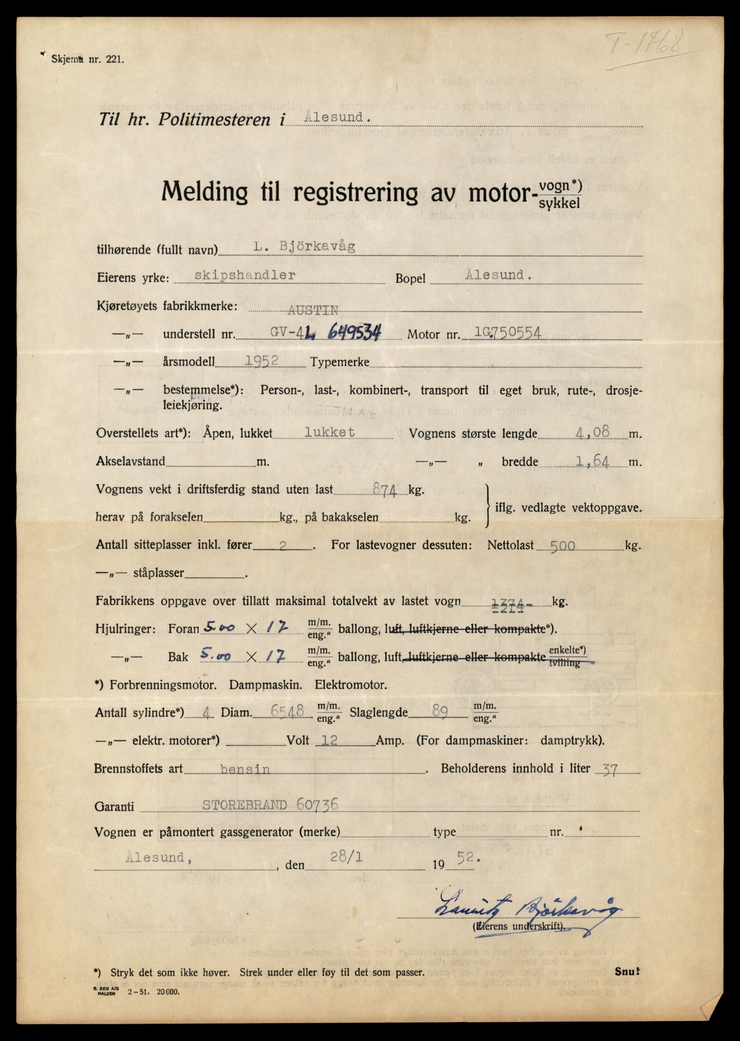 Møre og Romsdal vegkontor - Ålesund trafikkstasjon, AV/SAT-A-4099/F/Fe/L0015: Registreringskort for kjøretøy T 1700 - T 1850, 1927-1998, p. 1428