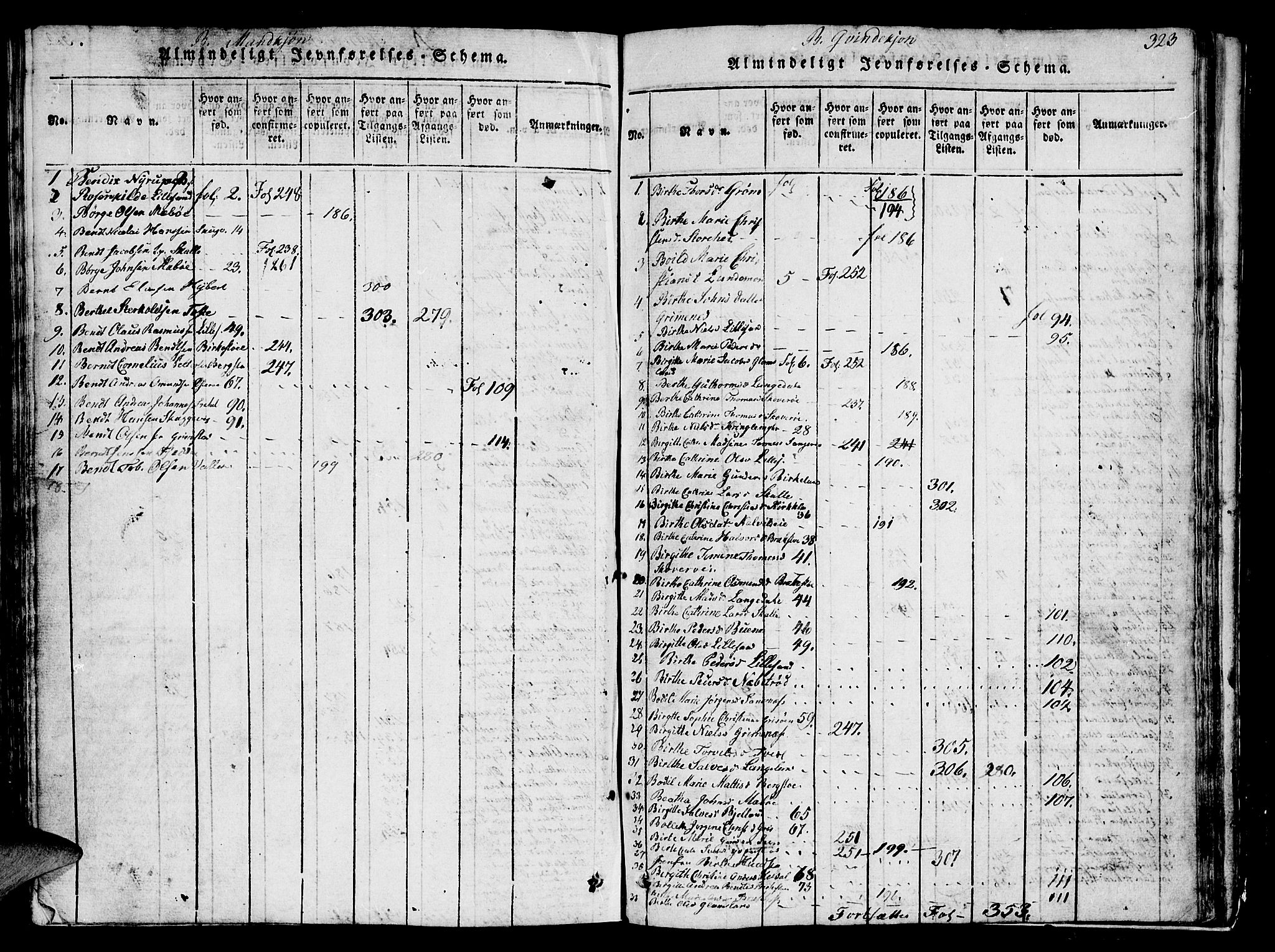 Vestre Moland sokneprestkontor, AV/SAK-1111-0046/F/Fb/Fbb/L0001: Parish register (copy) no. B 1, 1816-1851, p. 323