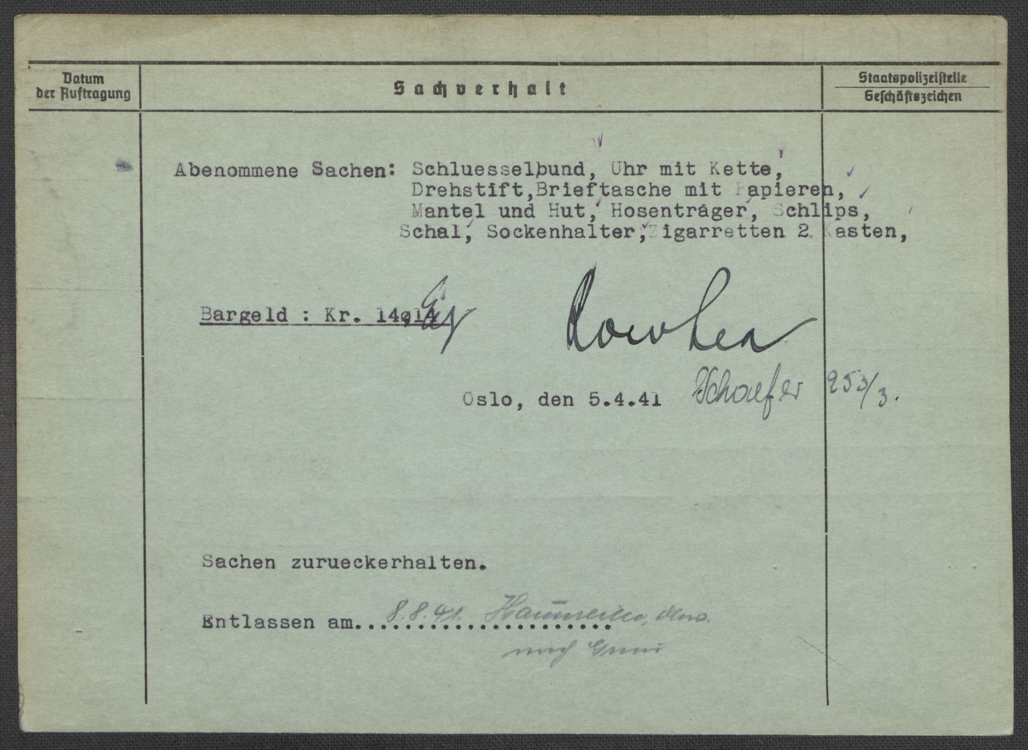 Befehlshaber der Sicherheitspolizei und des SD, RA/RAFA-5969/E/Ea/Eaa/L0006: Register over norske fanger i Møllergata 19: Kj-Lund, 1940-1945, p. 978