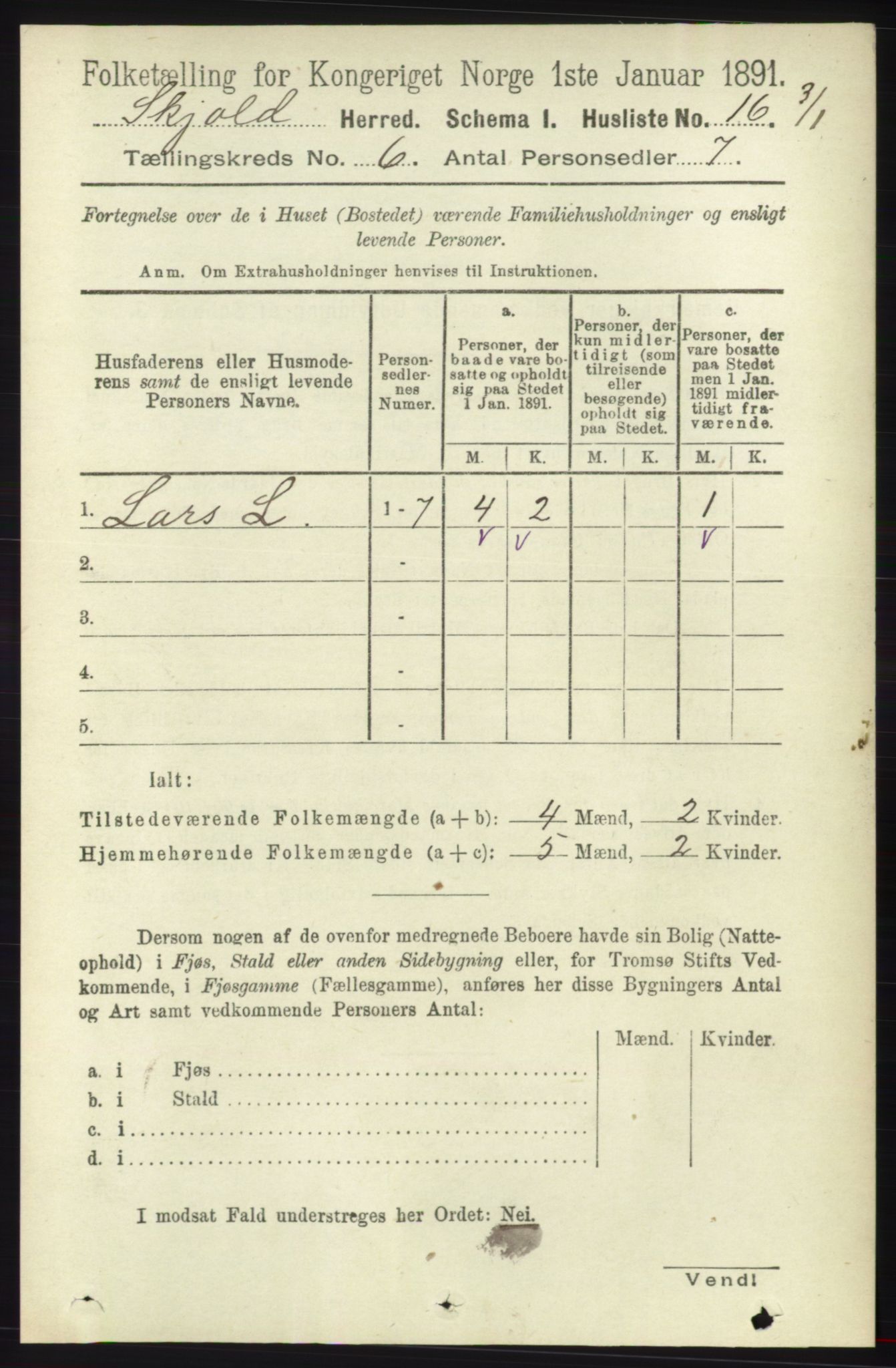 RA, 1891 census for 1154 Skjold, 1891, p. 965