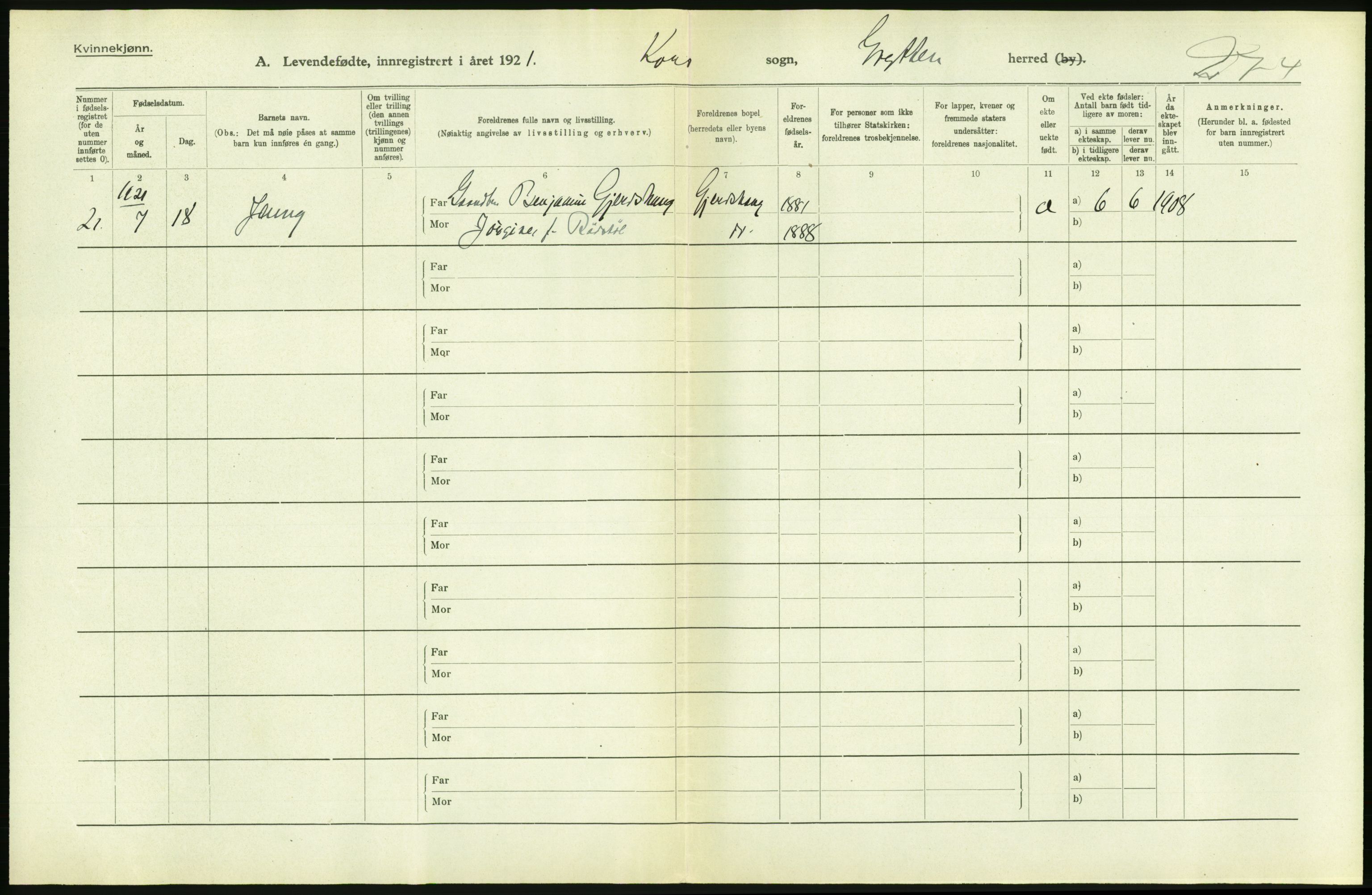 Statistisk sentralbyrå, Sosiodemografiske emner, Befolkning, AV/RA-S-2228/D/Df/Dfc/Dfca/L0040: Møre fylke: Levendefødte menn og kvinner. Bygder., 1921, p. 446