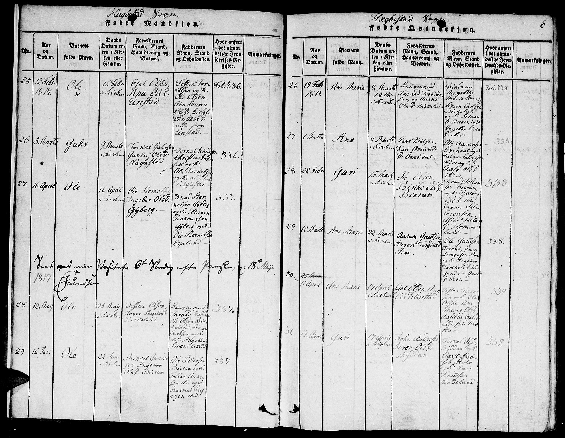 Hægebostad sokneprestkontor, SAK/1111-0024/F/Fa/Faa/L0002: Parish register (official) no. A 2 /1, 1816-1825, p. 6