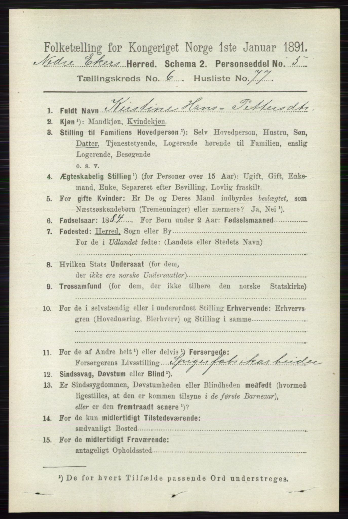 RA, 1891 census for 0625 Nedre Eiker, 1891, p. 3288