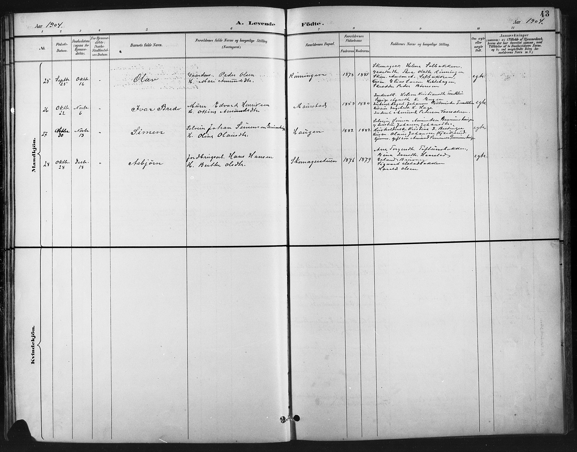 Vestre Gausdal prestekontor, SAH/PREST-094/H/Ha/Hab/L0003: Parish register (copy) no. 3, 1896-1925, p. 43