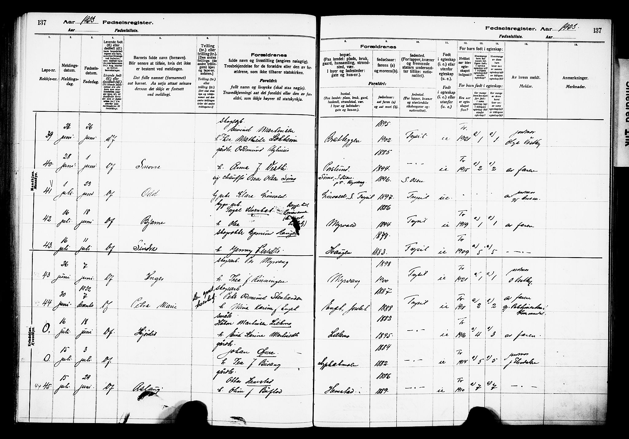 Trysil prestekontor, AV/SAH-PREST-046/I/Id/Ida/L0001: Birth register no. I 1, 1916-1927, p. 137