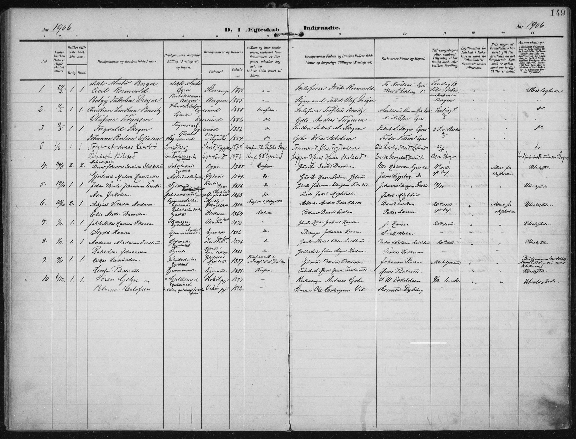 Eigersund sokneprestkontor, SAST/A-101807/S08/L0022: Parish register (official) no. A 21, 1905-1928, p. 149