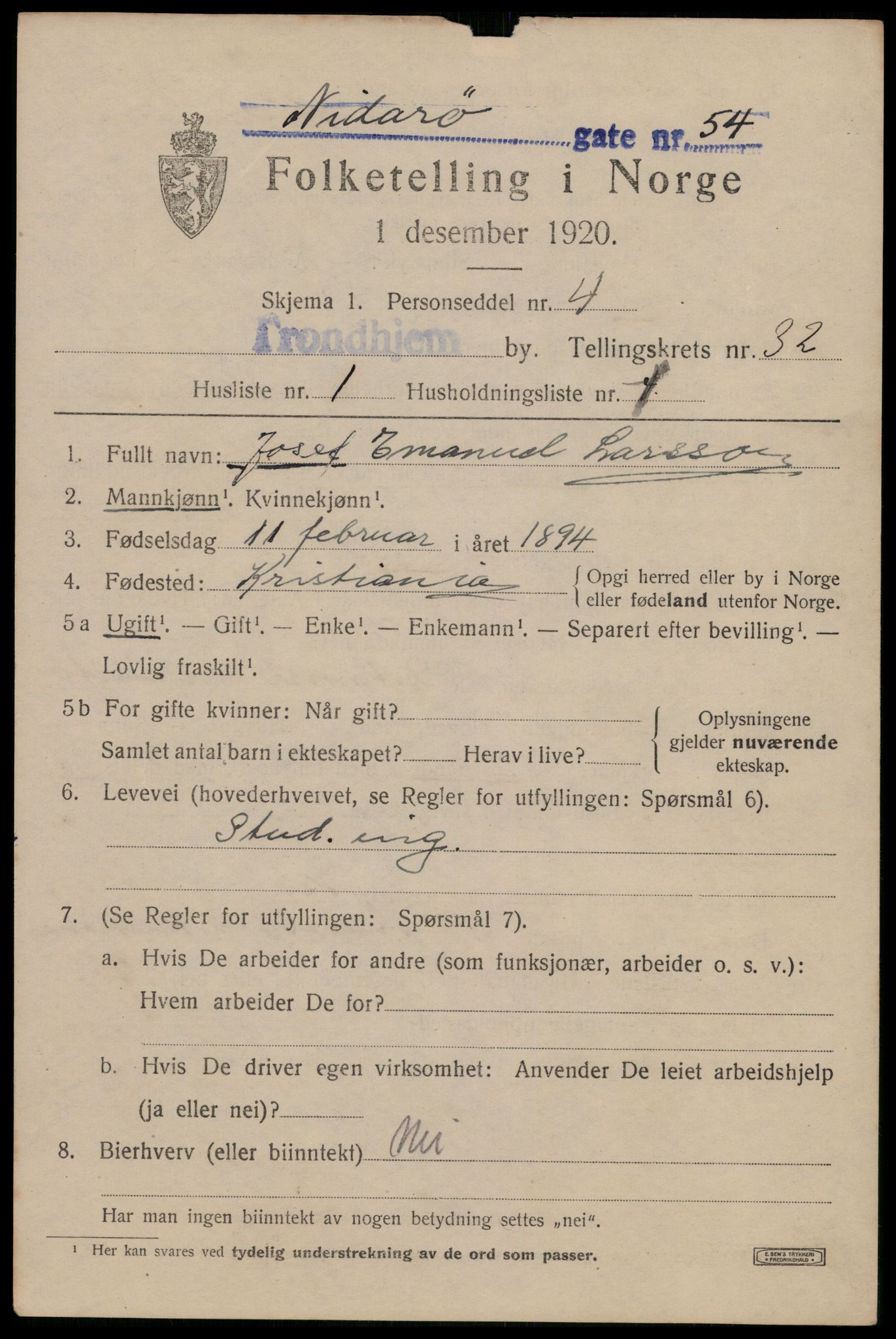 SAT, 1920 census for Trondheim, 1920, p. 77206