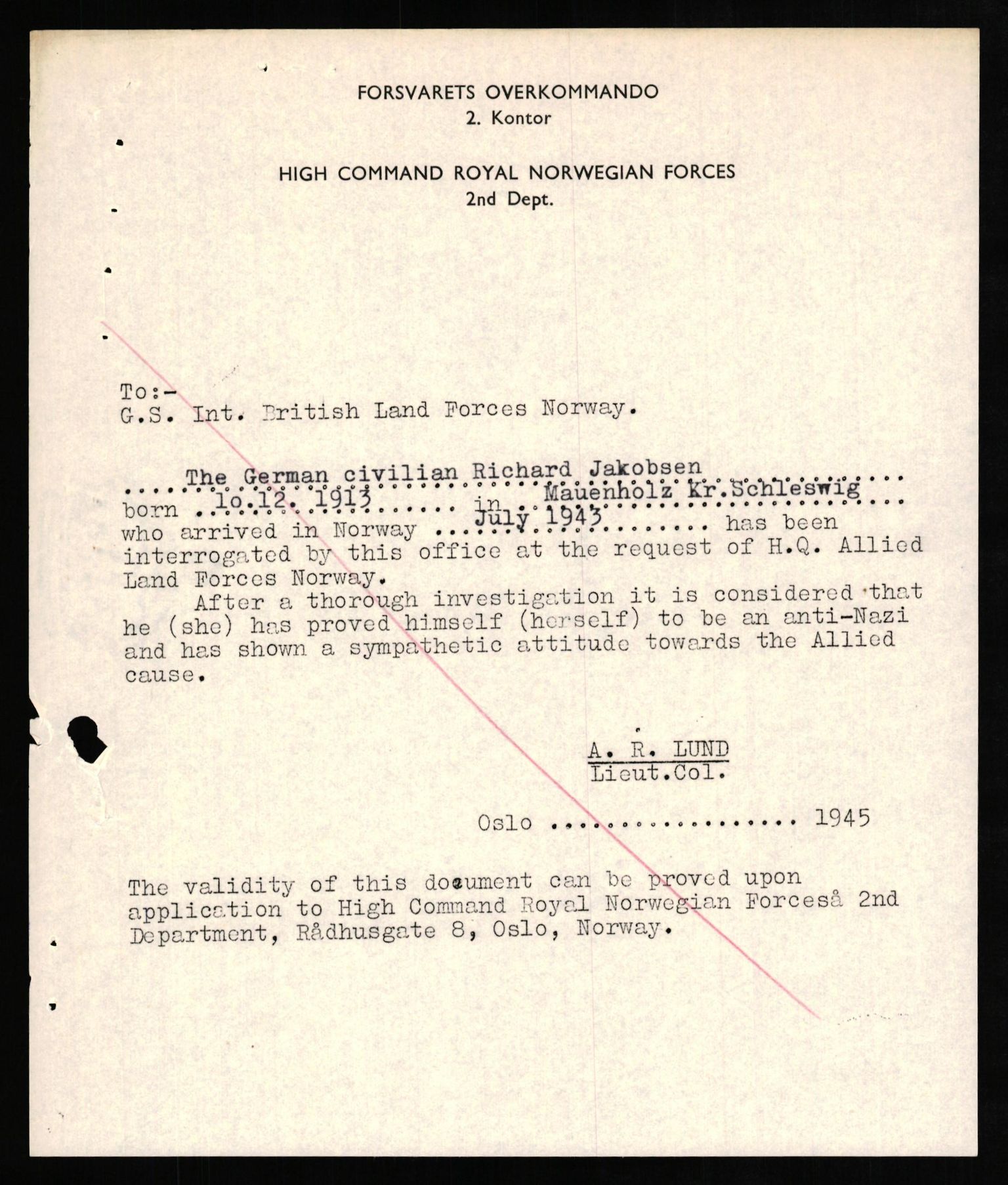 Forsvaret, Forsvarets overkommando II, AV/RA-RAFA-3915/D/Db/L0014: CI Questionaires. Tyske okkupasjonsstyrker i Norge. Tyskere., 1945-1946, p. 486