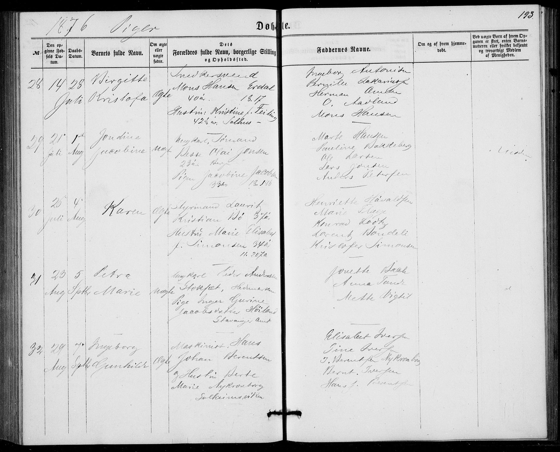 Fødselsstiftelsens sokneprestembete, ført av overlegen*, SAB/-: Parish register (official) no. A 1, 1863-1883, p. 193