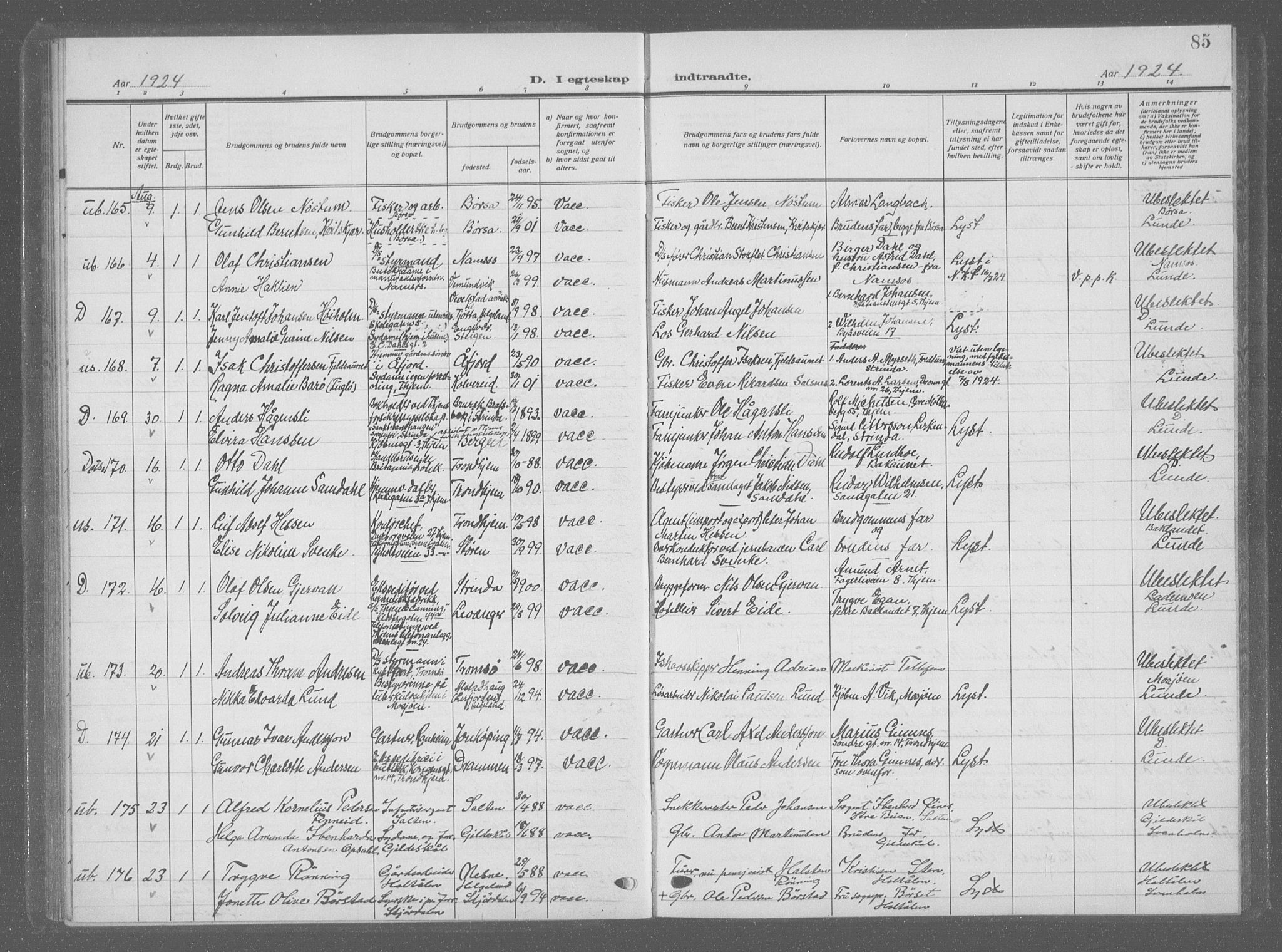 Ministerialprotokoller, klokkerbøker og fødselsregistre - Sør-Trøndelag, SAT/A-1456/601/L0098: Parish register (copy) no. 601C16, 1921-1934, p. 85