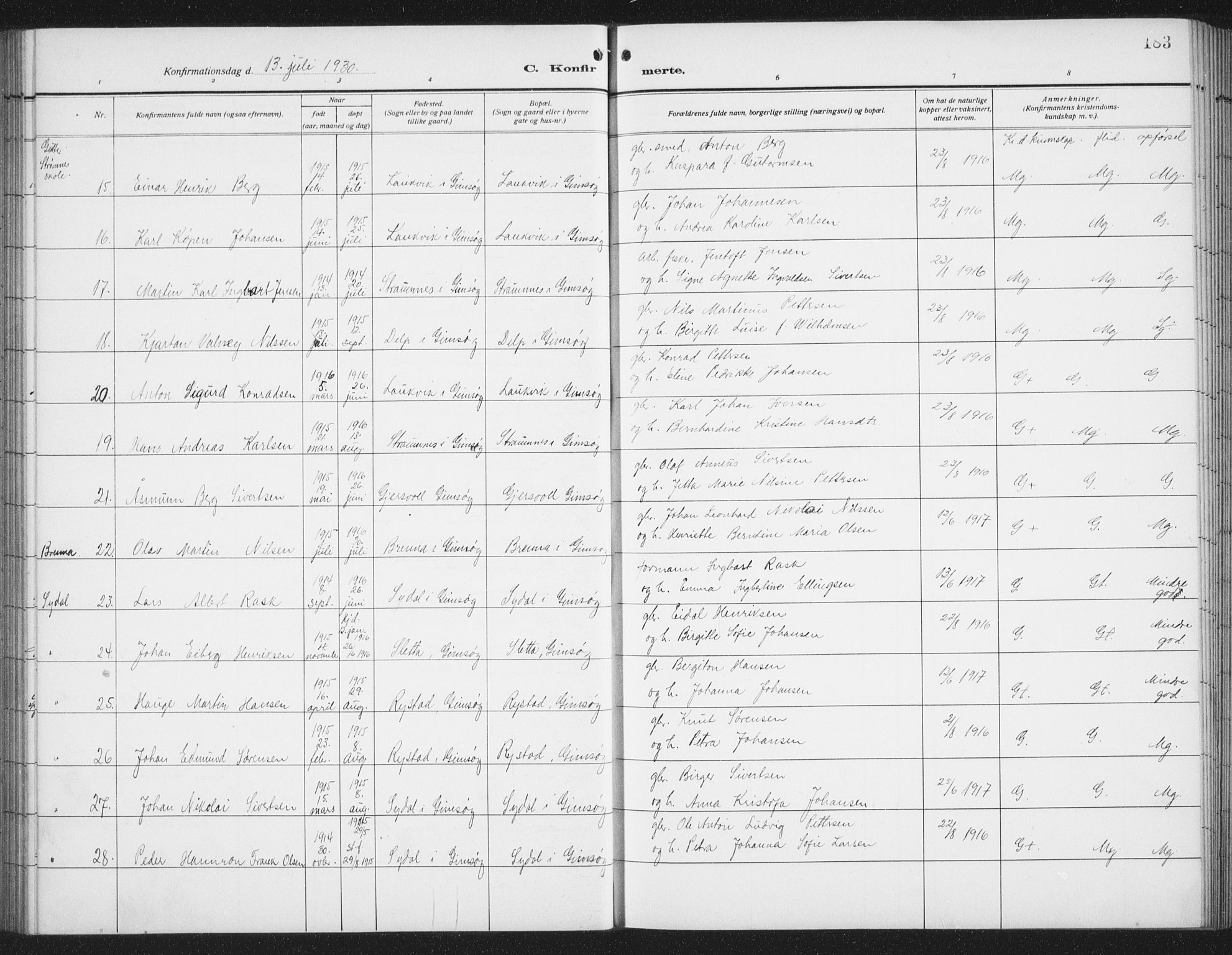 Ministerialprotokoller, klokkerbøker og fødselsregistre - Nordland, AV/SAT-A-1459/876/L1106: Parish register (copy) no. 876C05, 1915-1942, p. 183