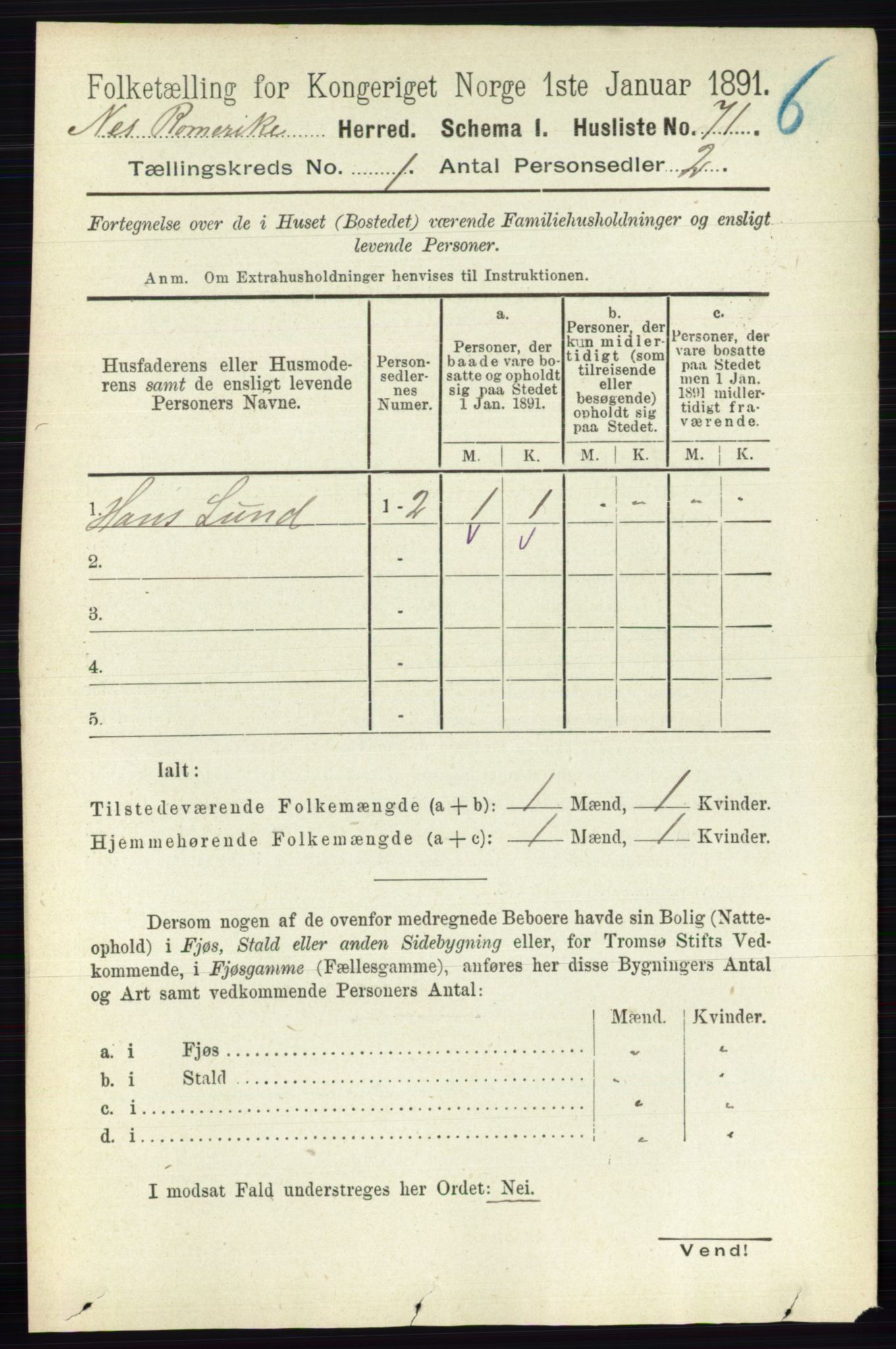 RA, 1891 census for 0236 Nes, 1891, p. 115