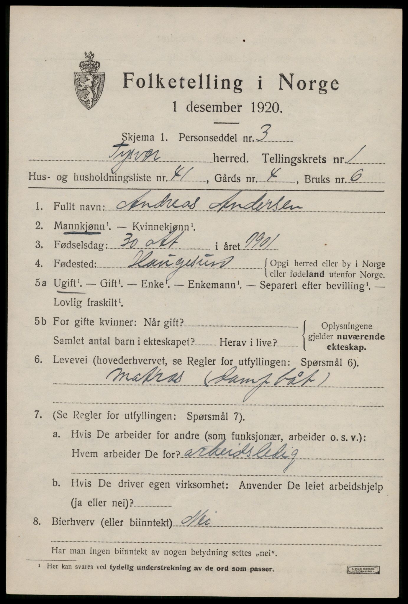 SAST, 1920 census for Tysvær, 1920, p. 1154