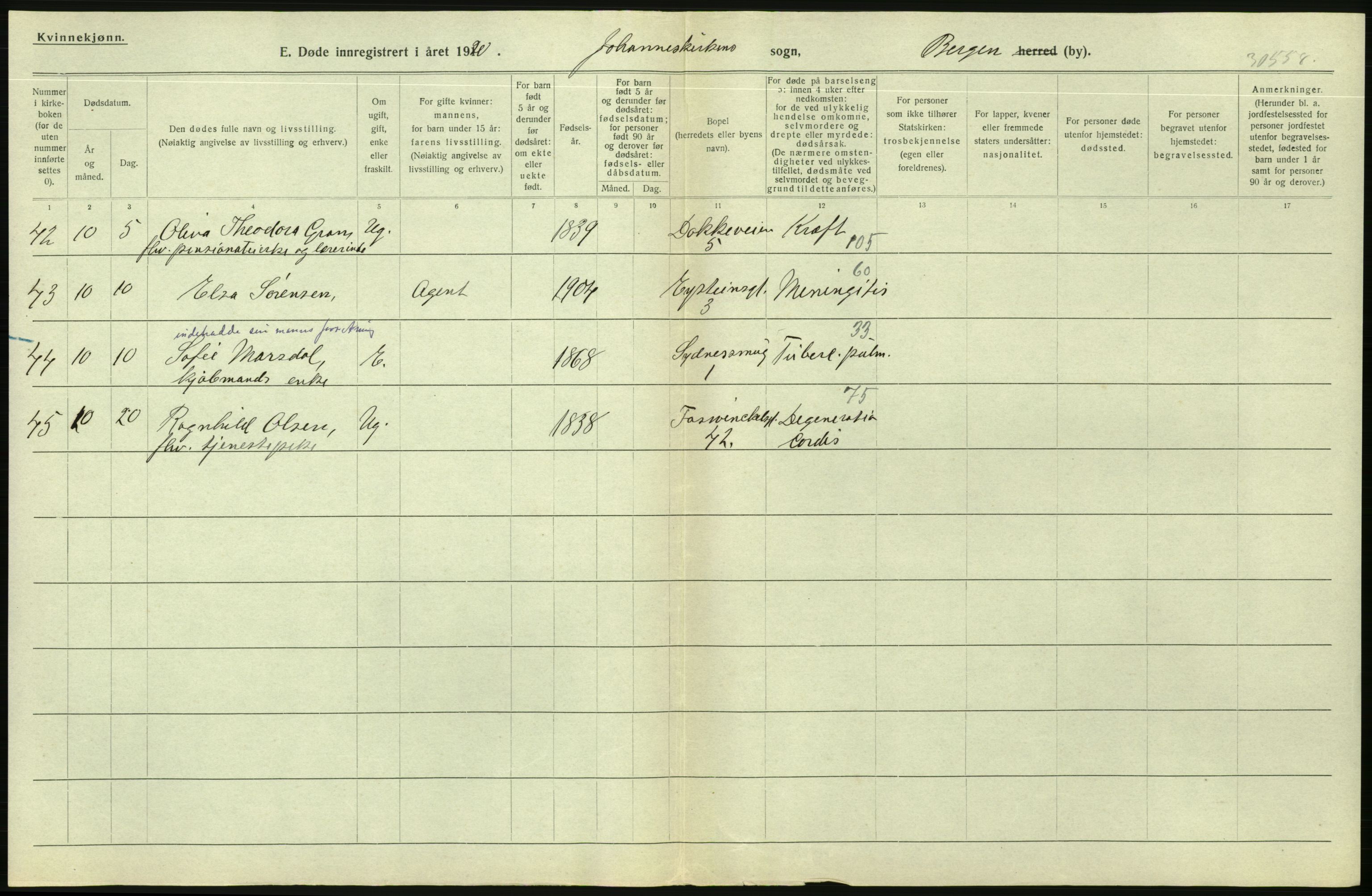 Statistisk sentralbyrå, Sosiodemografiske emner, Befolkning, AV/RA-S-2228/D/Df/Dfb/Dfbj/L0042: Bergen: Gifte, døde, dødfødte., 1920, p. 596